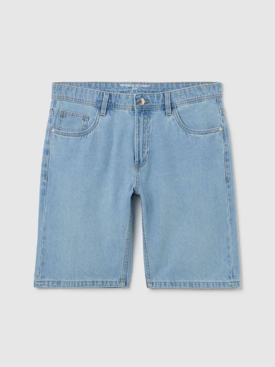 Sky blue slim-fit Bermuda shorts in denim_4