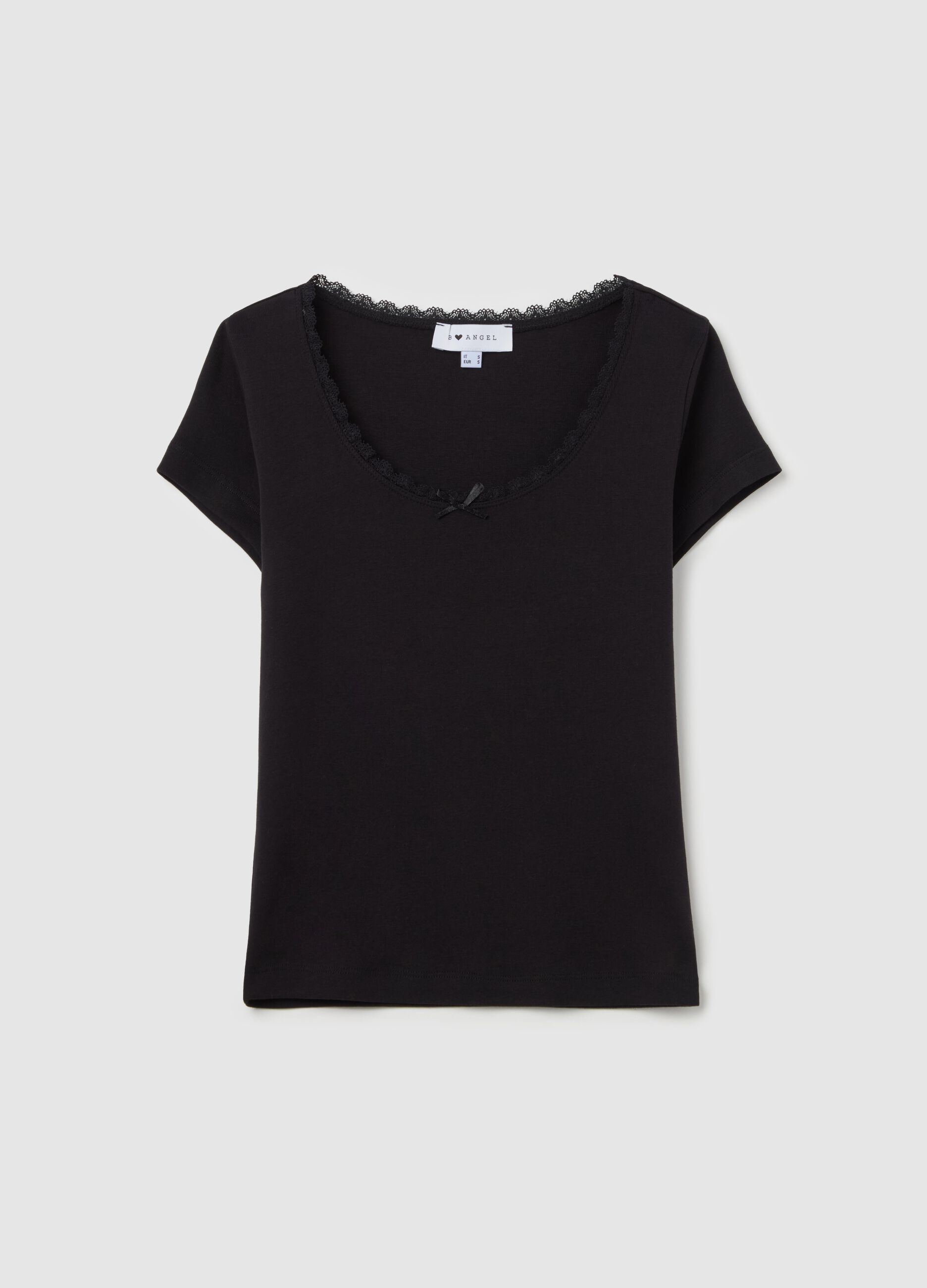 T-shirt with round neck, lace and bow