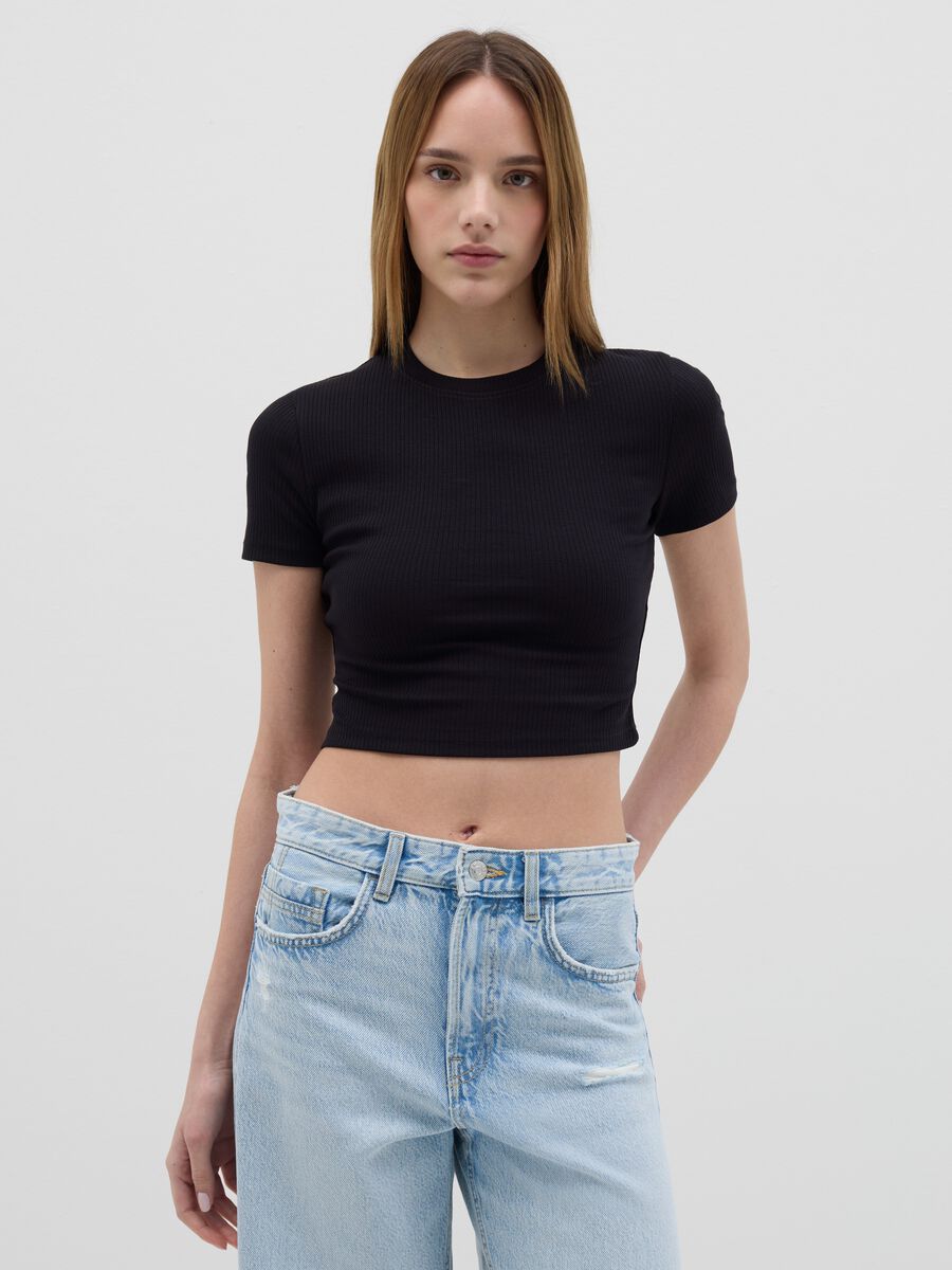 Women’s black fitted T-shirt in stretch cotton_0