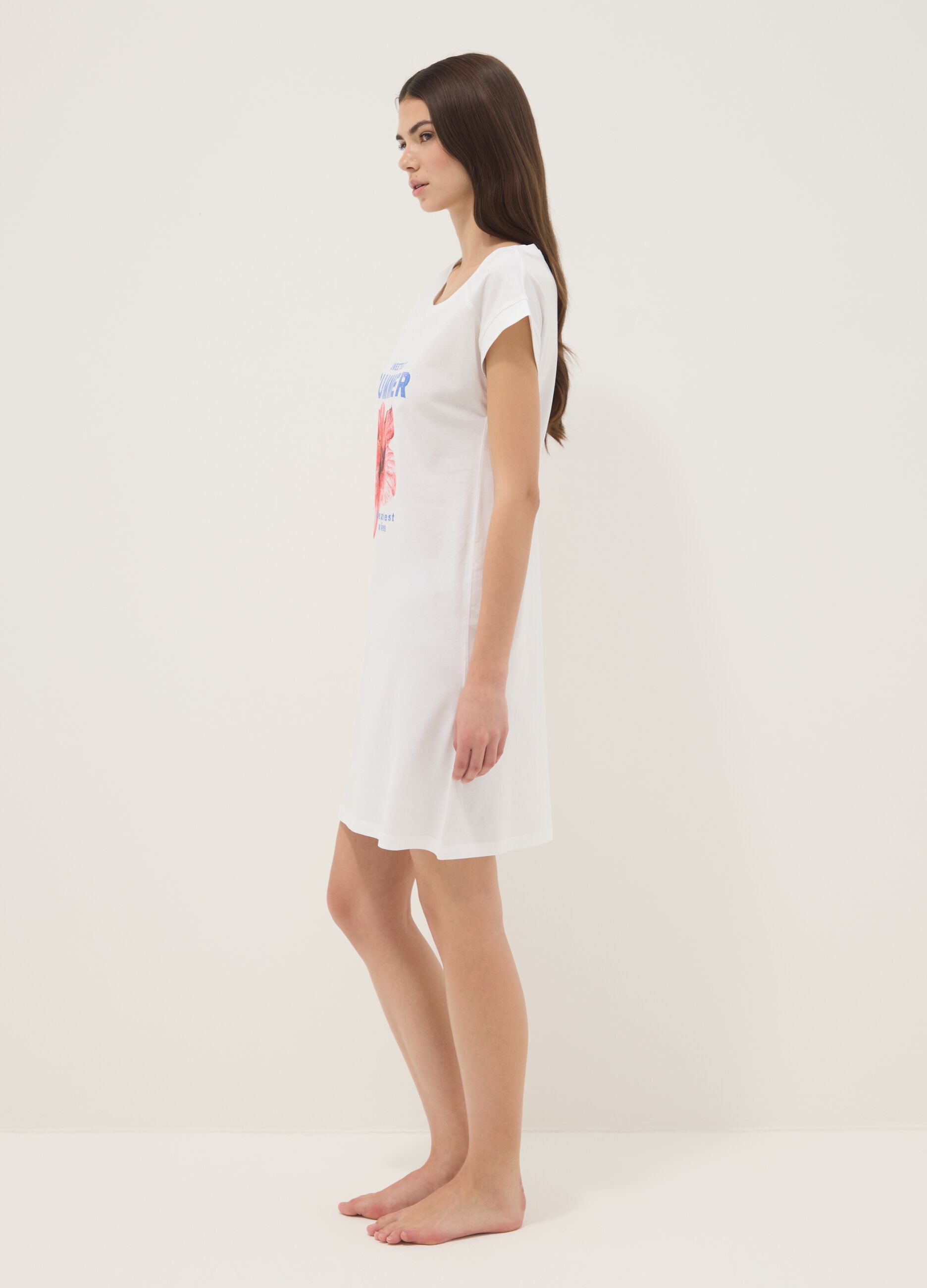 Camicia da notte bianca in puro cotone organico regular fit con fiore