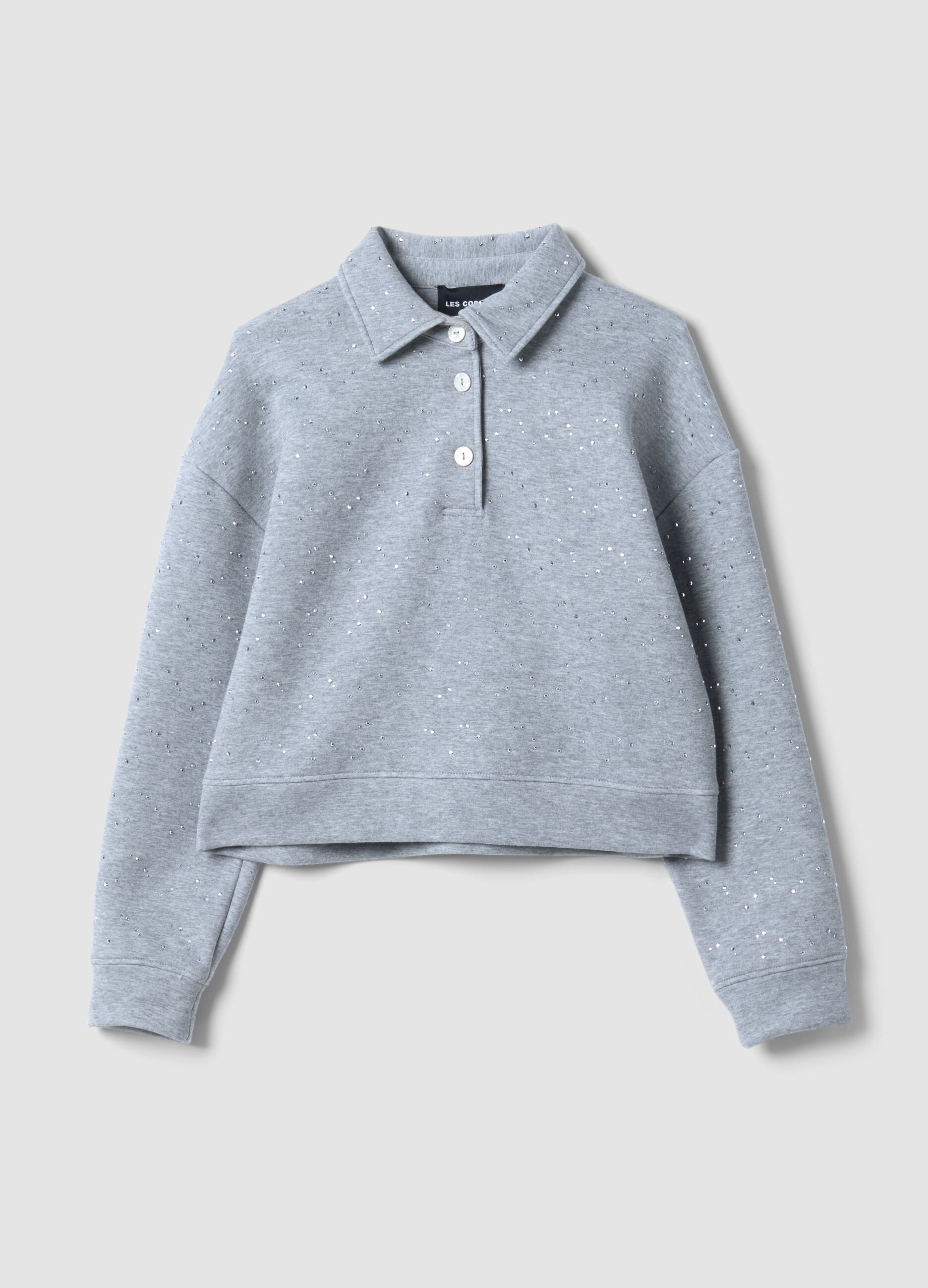 Grey cotton-blend polo with all-over rhinestones, regular fit