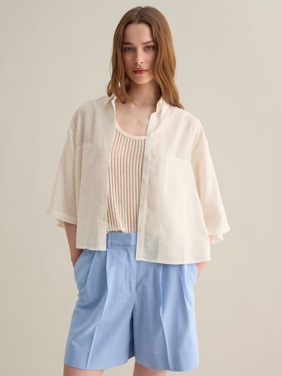 Women's white oversized shirt in linen blend_0