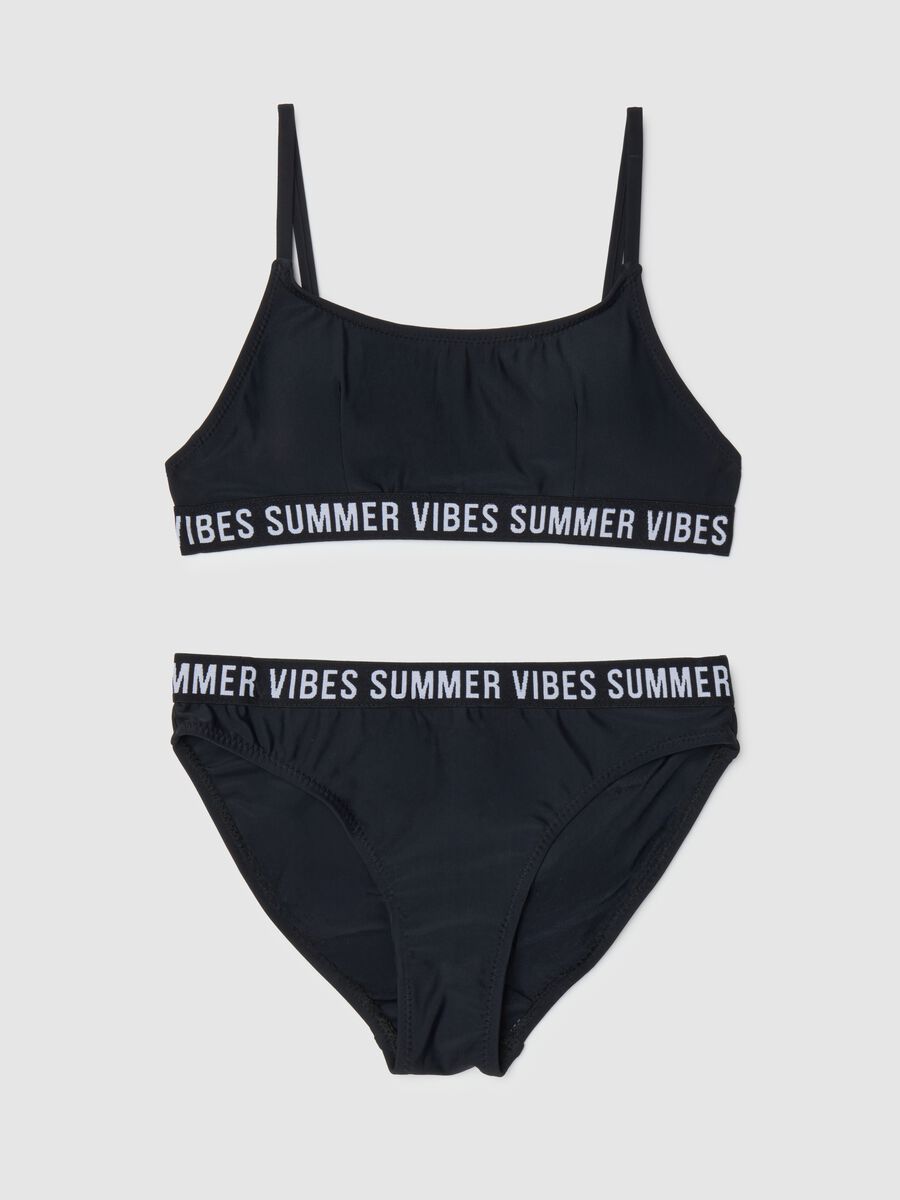 Girls' black stretch fabric swimsuit with elastic band_0