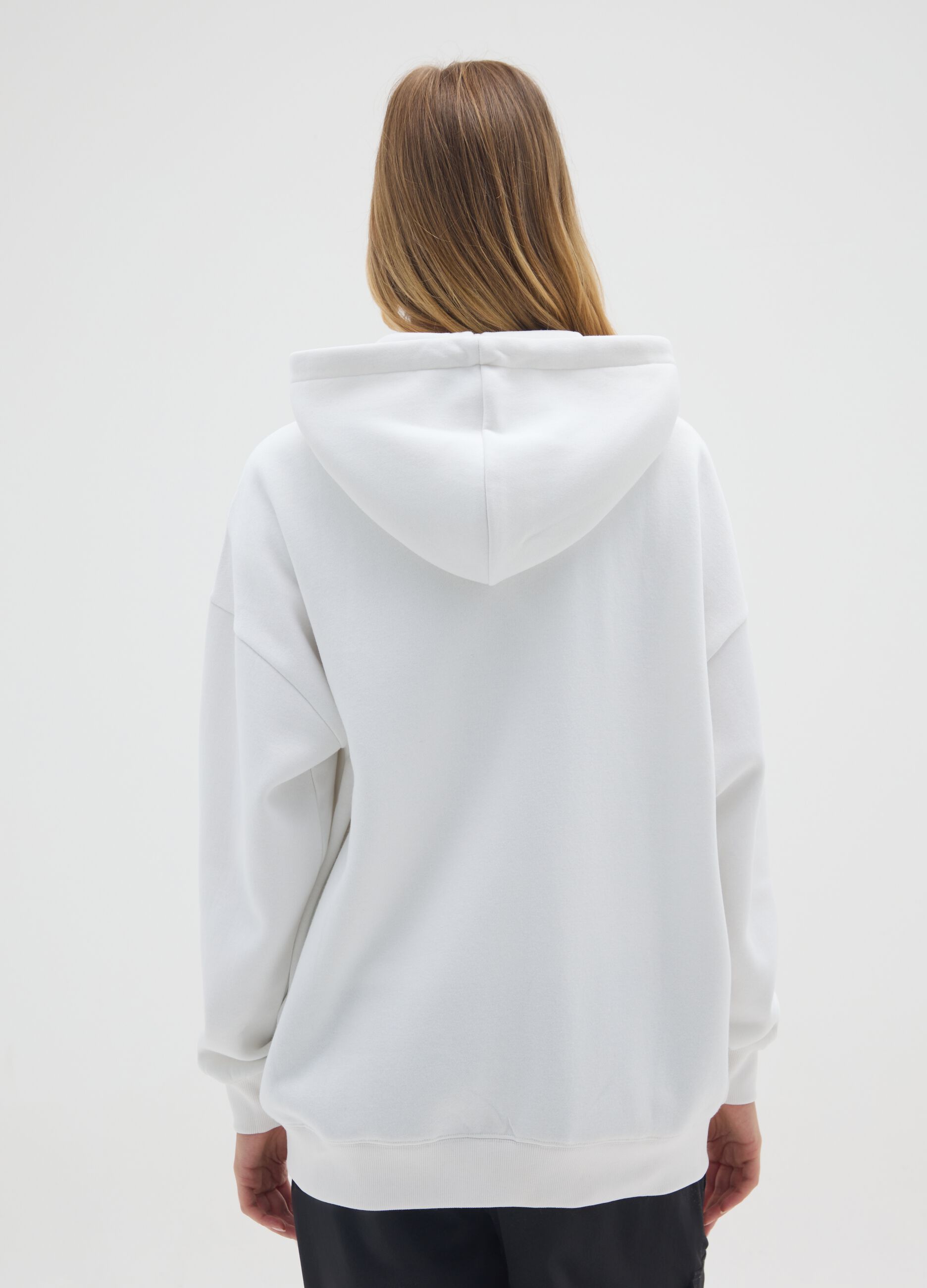 White cotton-blend zip hoodie with print