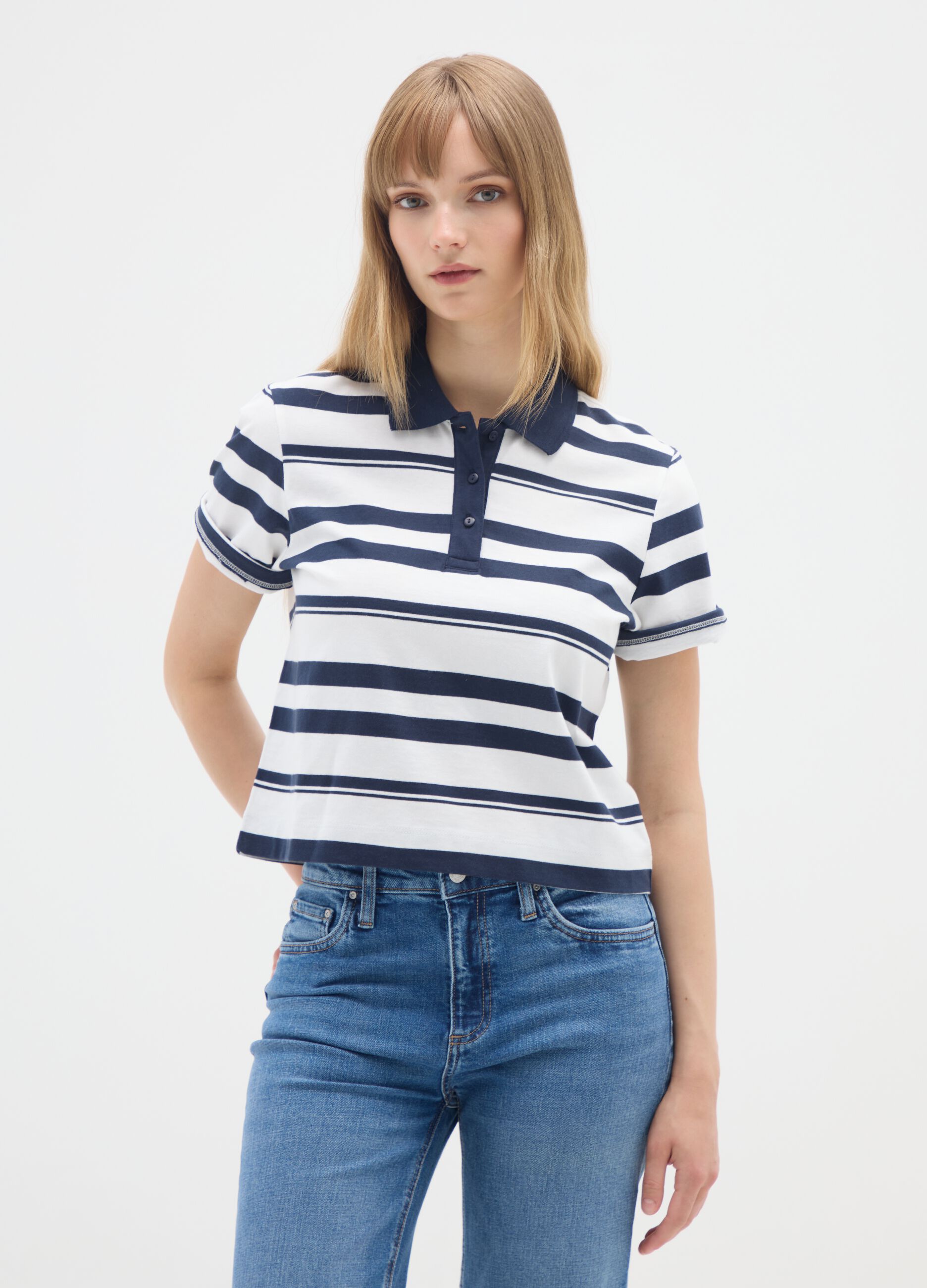 White and blue striped cotton polo shirt