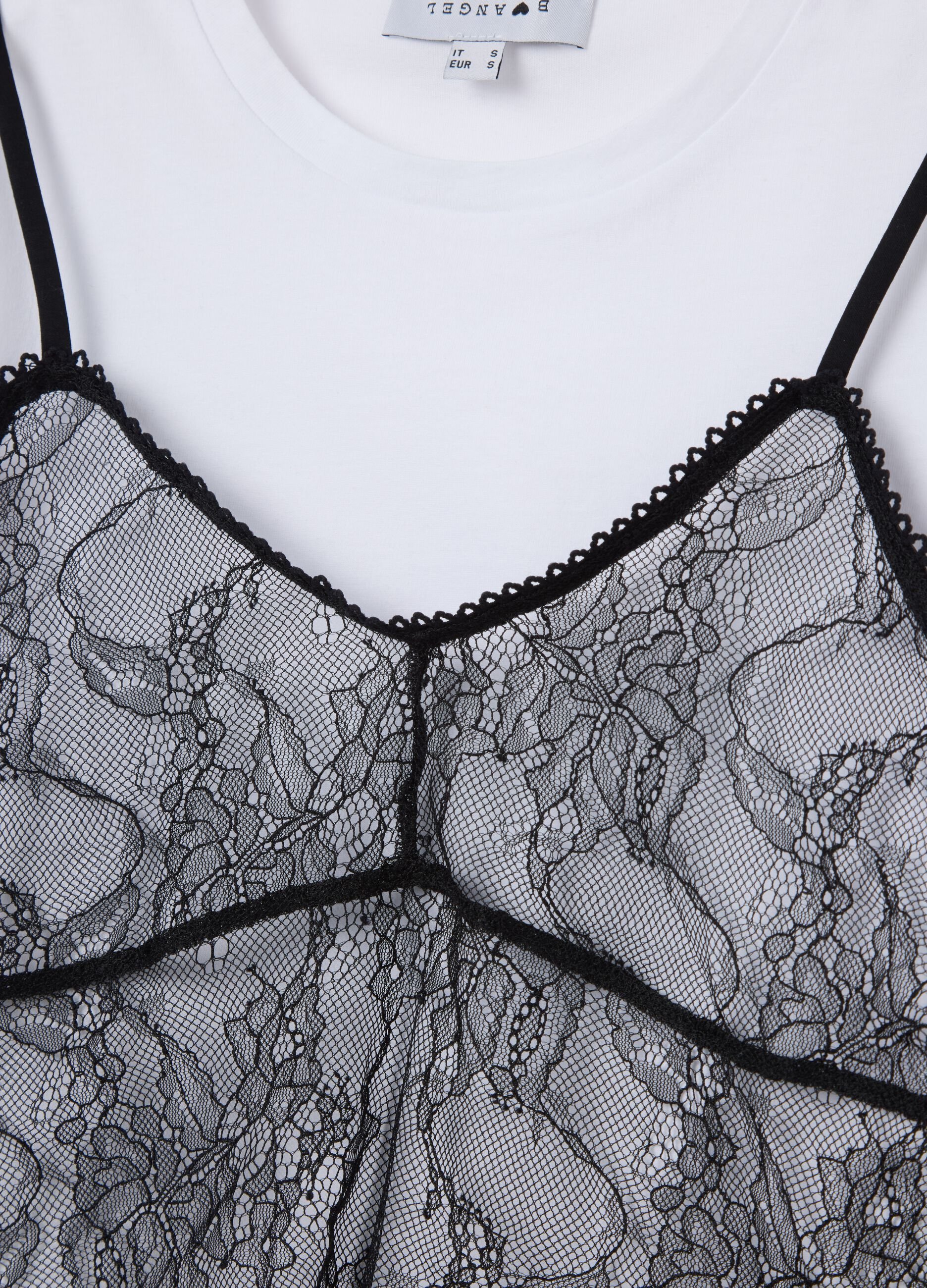 Pure cotton T-shirt with black lace overlay