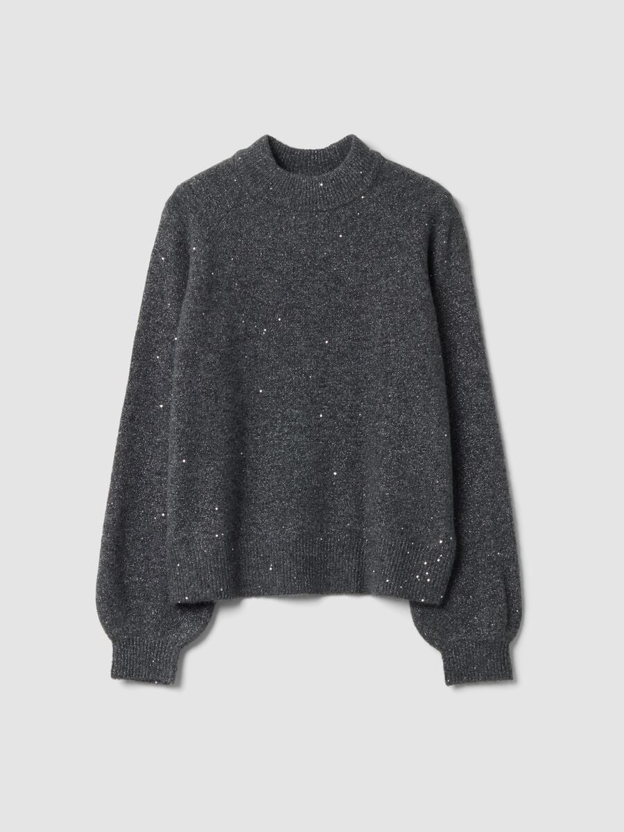 Grey marl stretch top with high neck and sequins_0