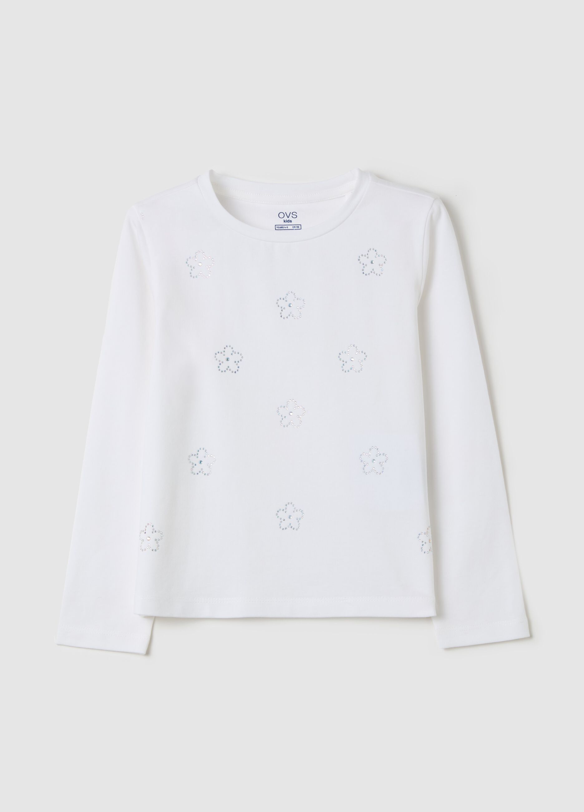 T-shirt maniche lunghe con fiori di strass