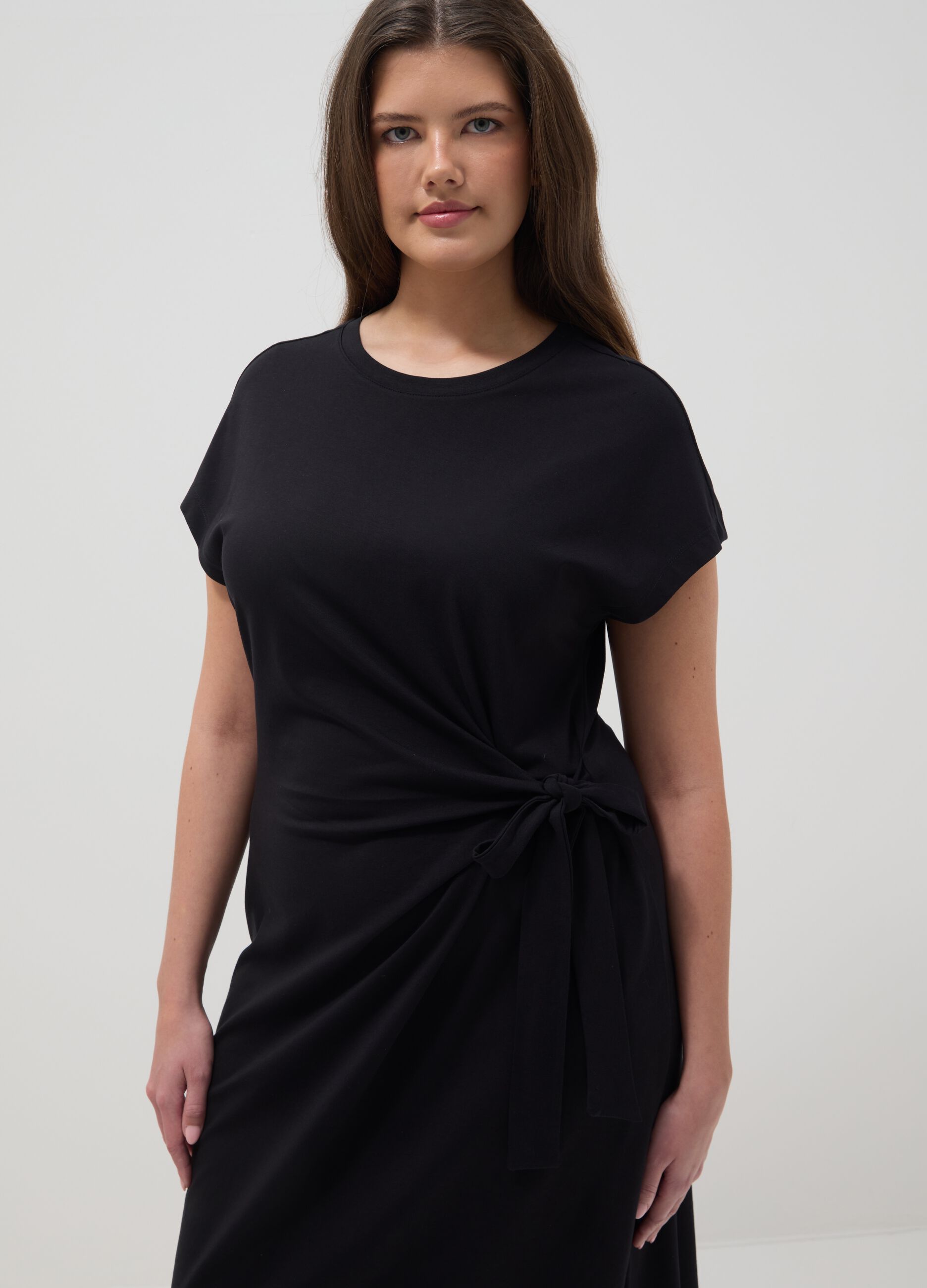Black midi dress in stretch cotton with side knot