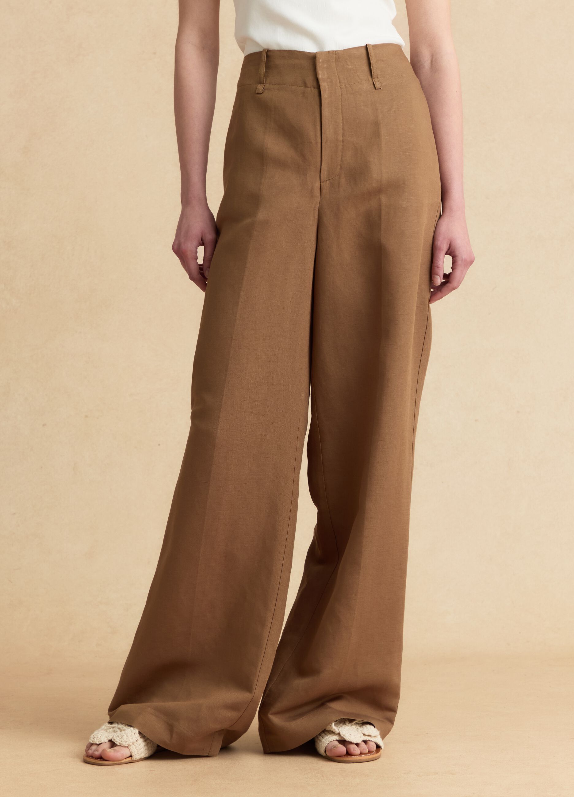 Brown linen-viscose blend wide-leg trousers with structured waistband