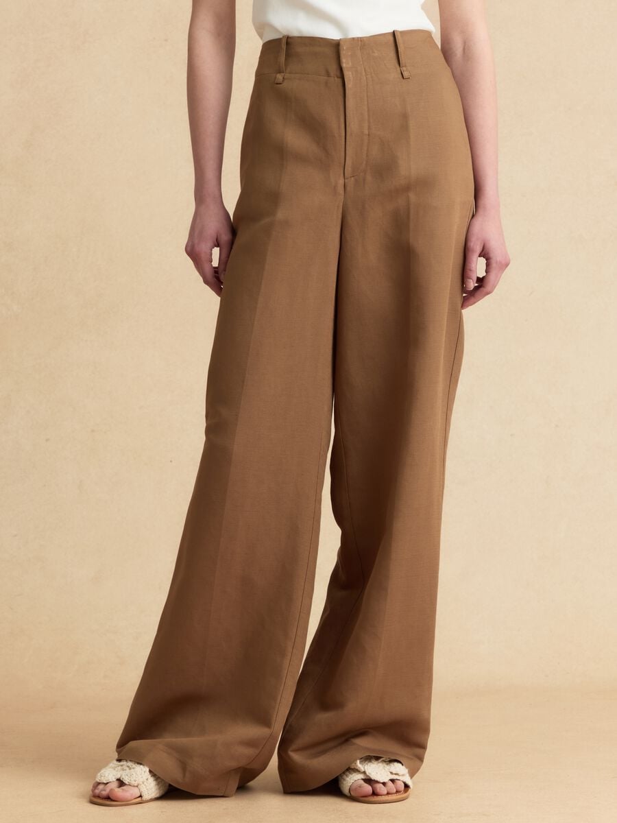 Brown linen-viscose blend wide-leg trousers with structured waistband_1