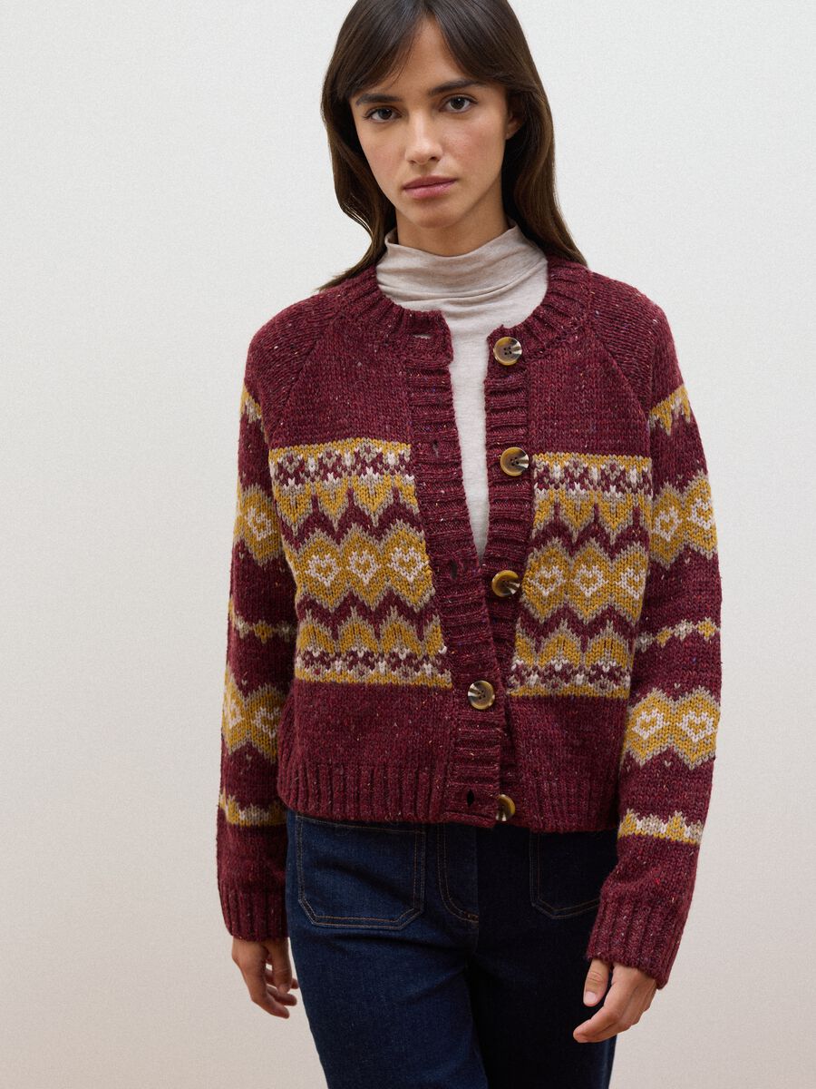 Cardigan rosso girocollo in misto lana jacquard regular fit_2