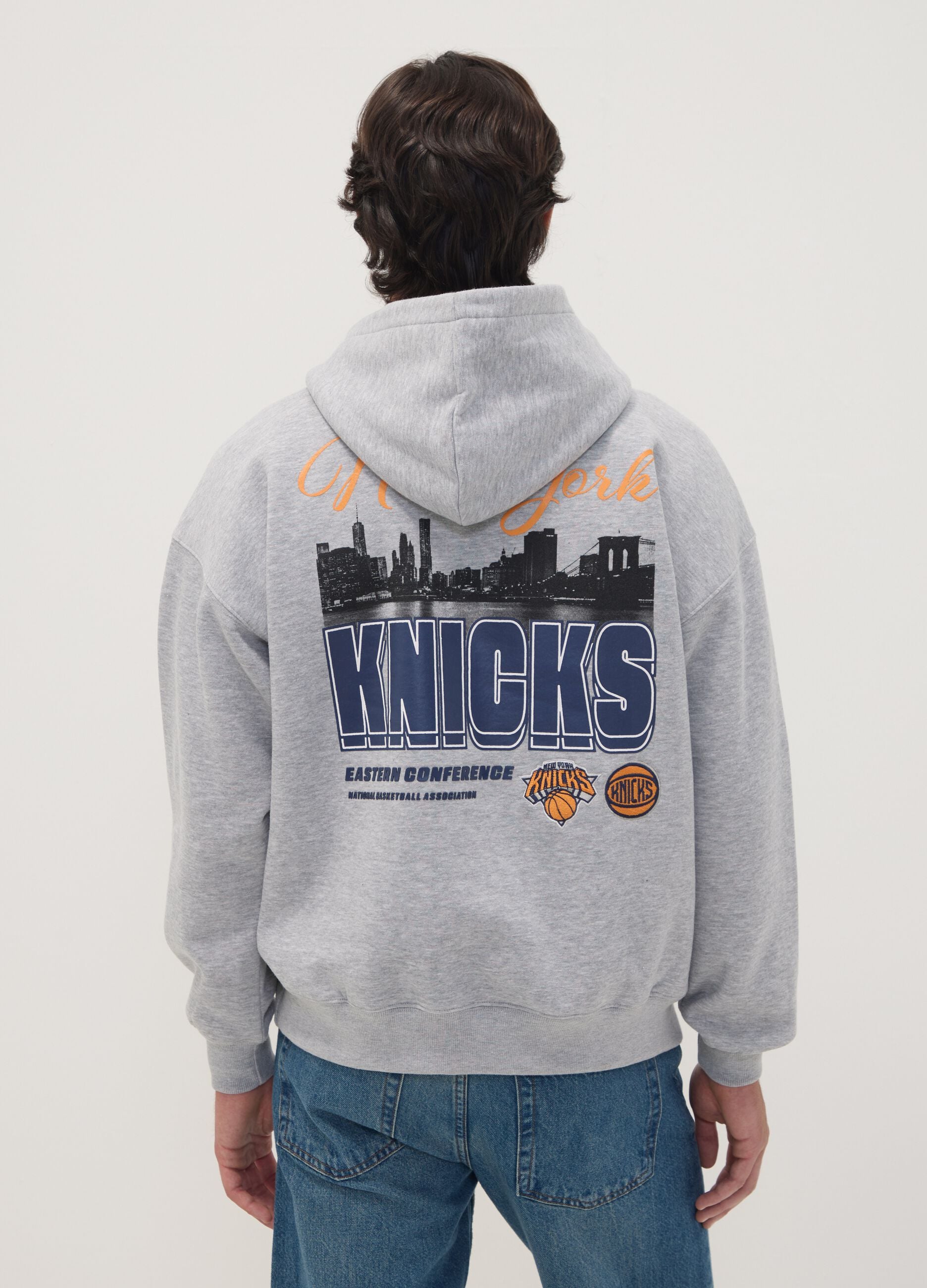 Grey cotton-blend hoodie with Knicks print