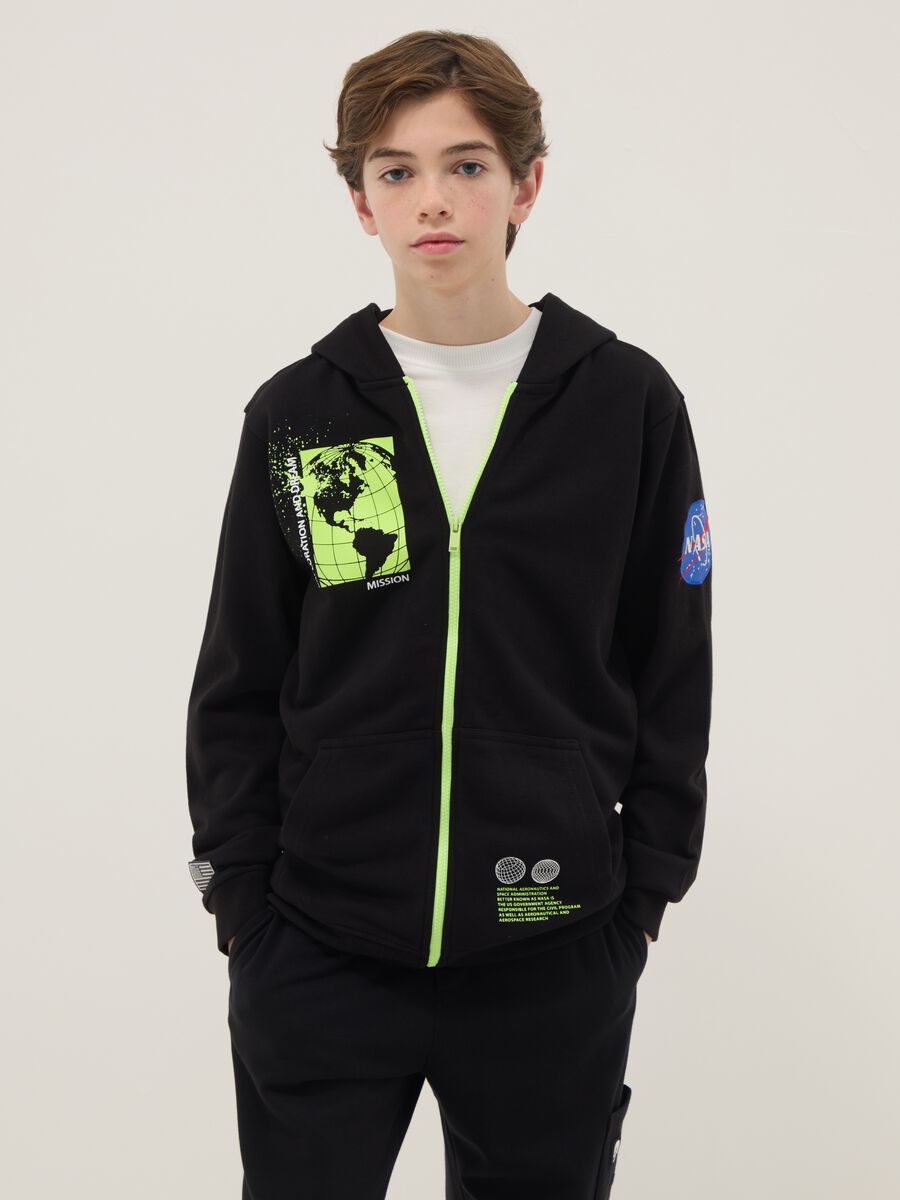 Black cotton blend hoodie for boys regular fit with NASA prints_0