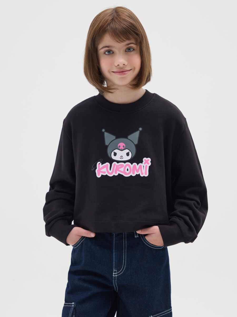 Felpa da ragazza in puro cotone nero regular fit girocollo_0