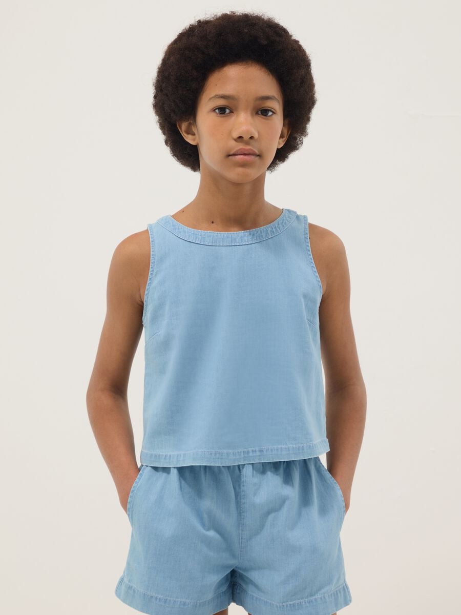 Blusa senza maniche denim azzurra in puro cotone da ragazza_0