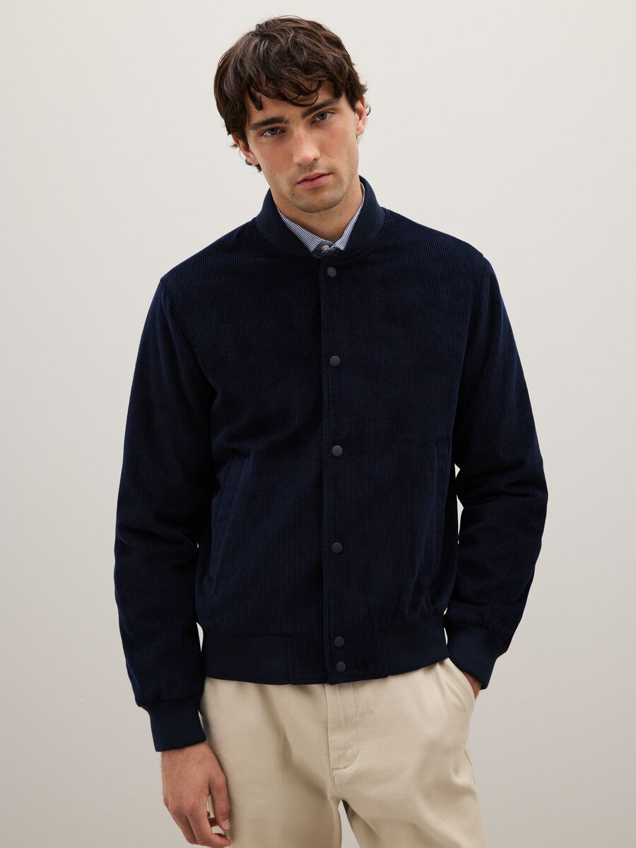 Giacca bomber in puro cotone blu con zip_0