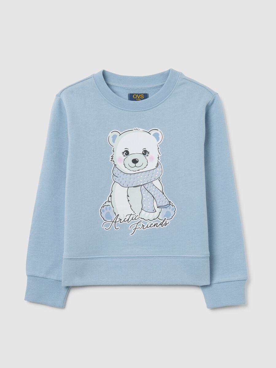 Felpa da bambina in puro cotone azzurra con stampa e scollo rotondo_0