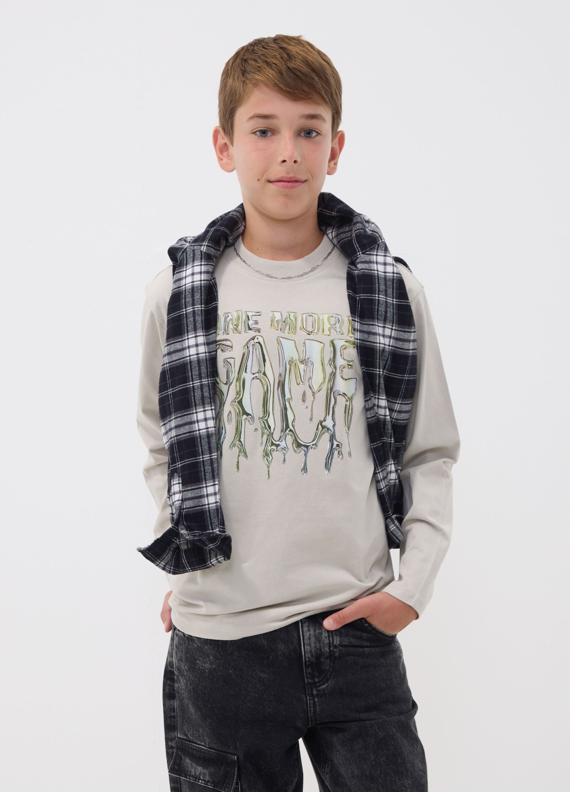 Grey pure cotton printed crew-neck T-shirt for boys