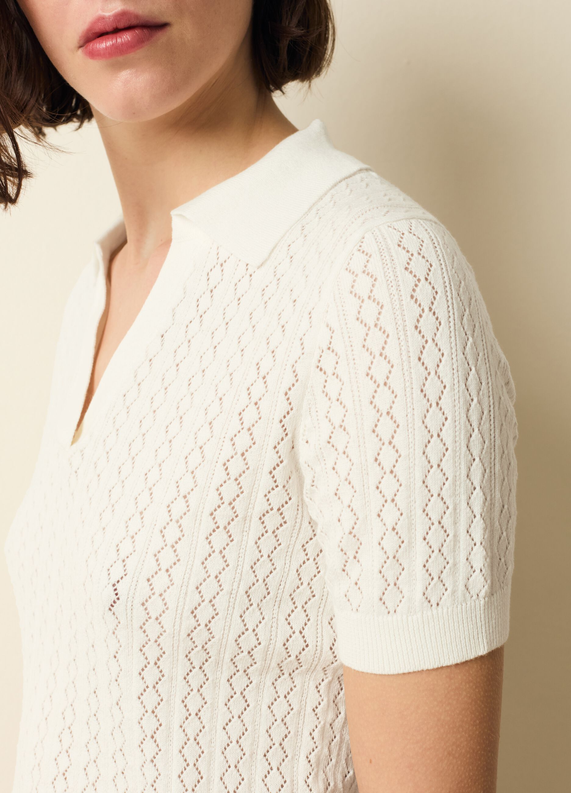 Pointelle T-shirt with polo neck