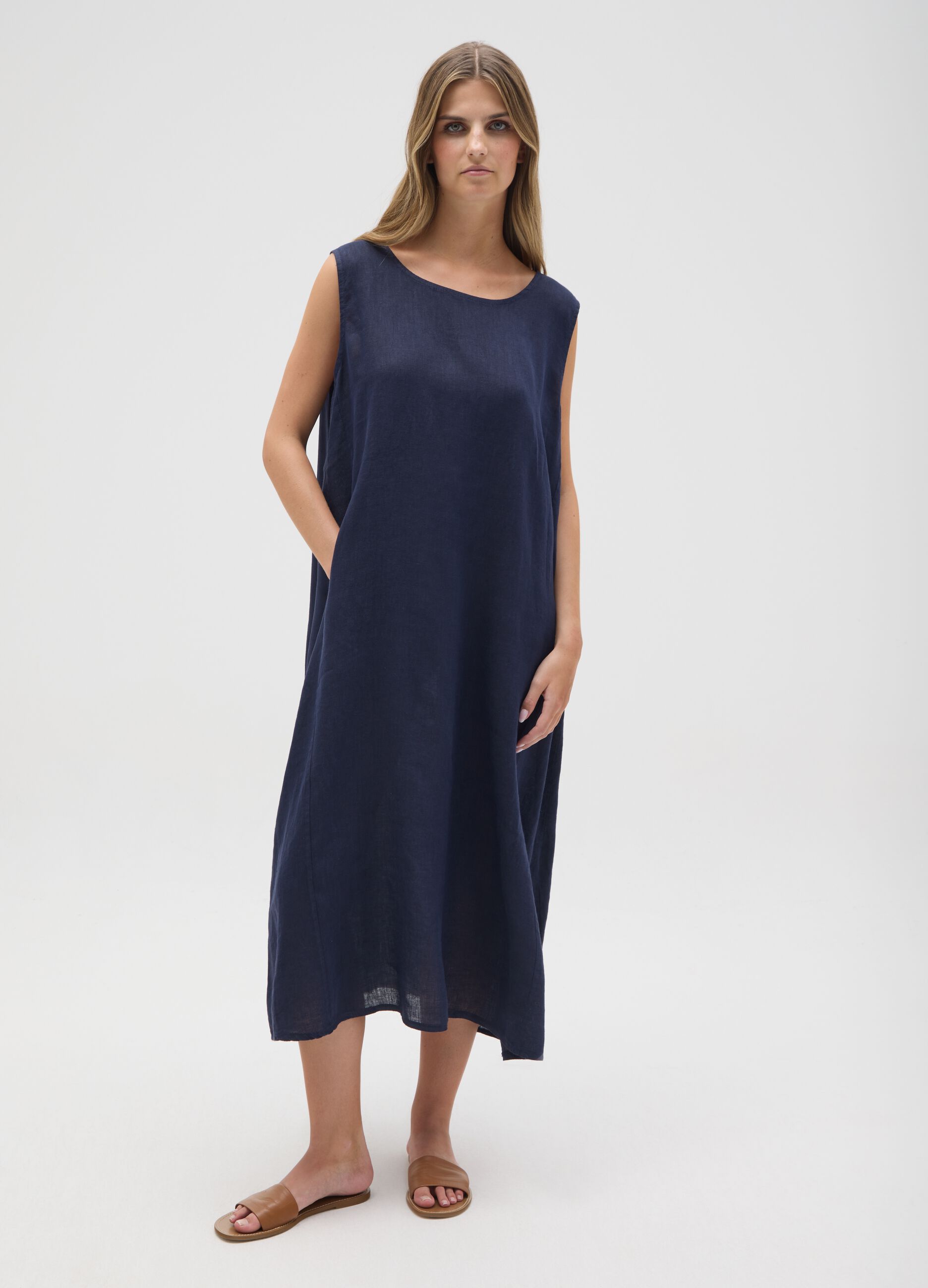 Women's Pure Blue Linen Dress Regular Fit