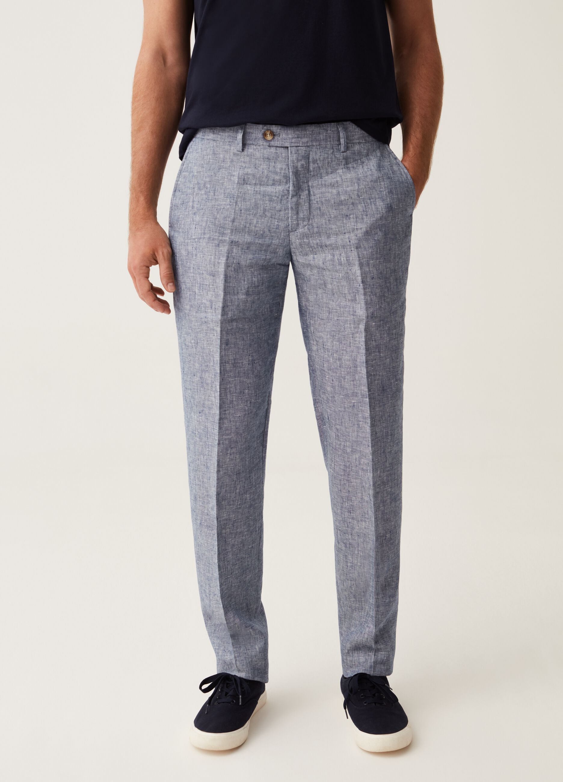 Slim-fit trousers in blue linen chambray