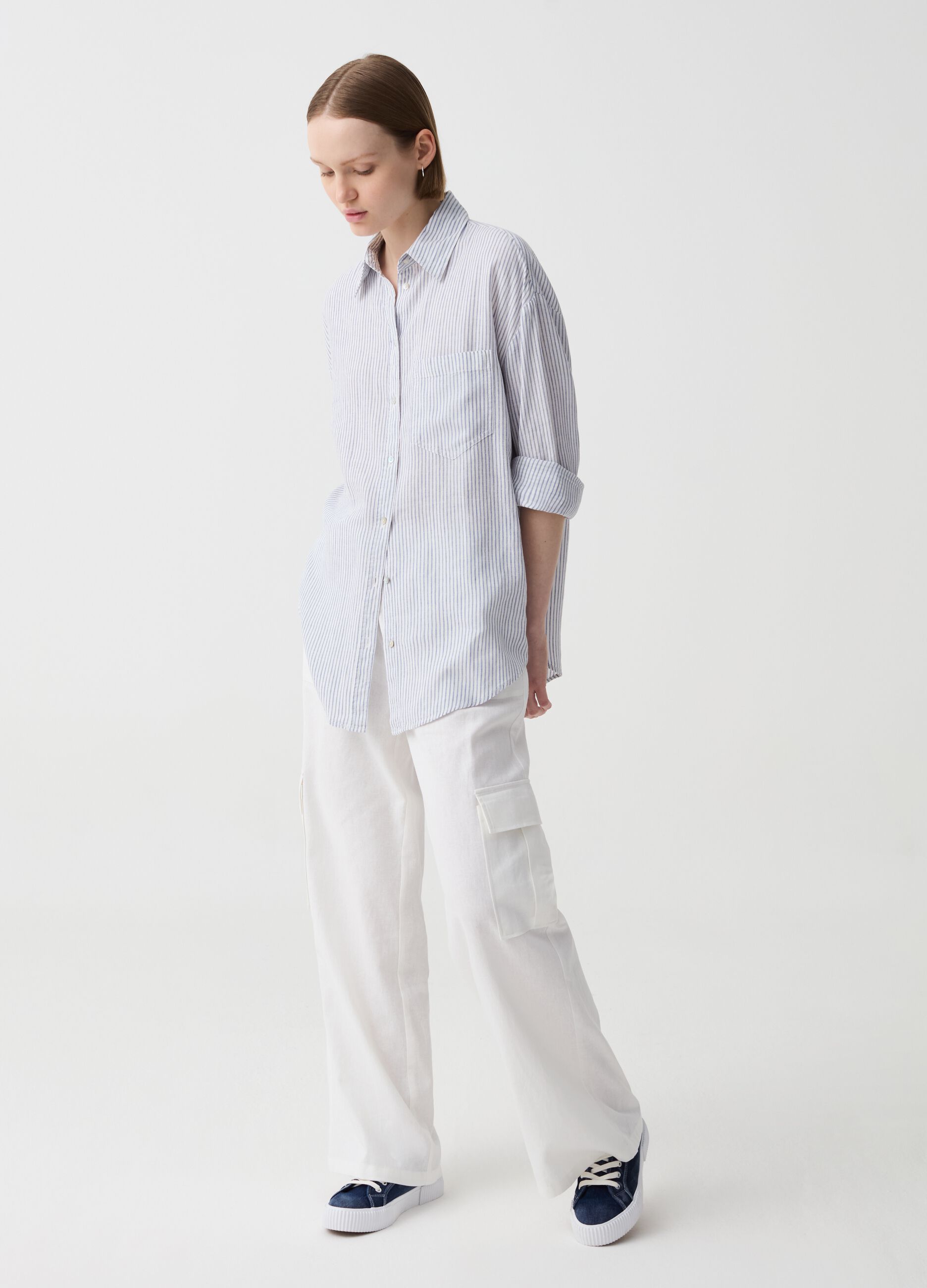 Linen and viscose oversized shirt with pocket