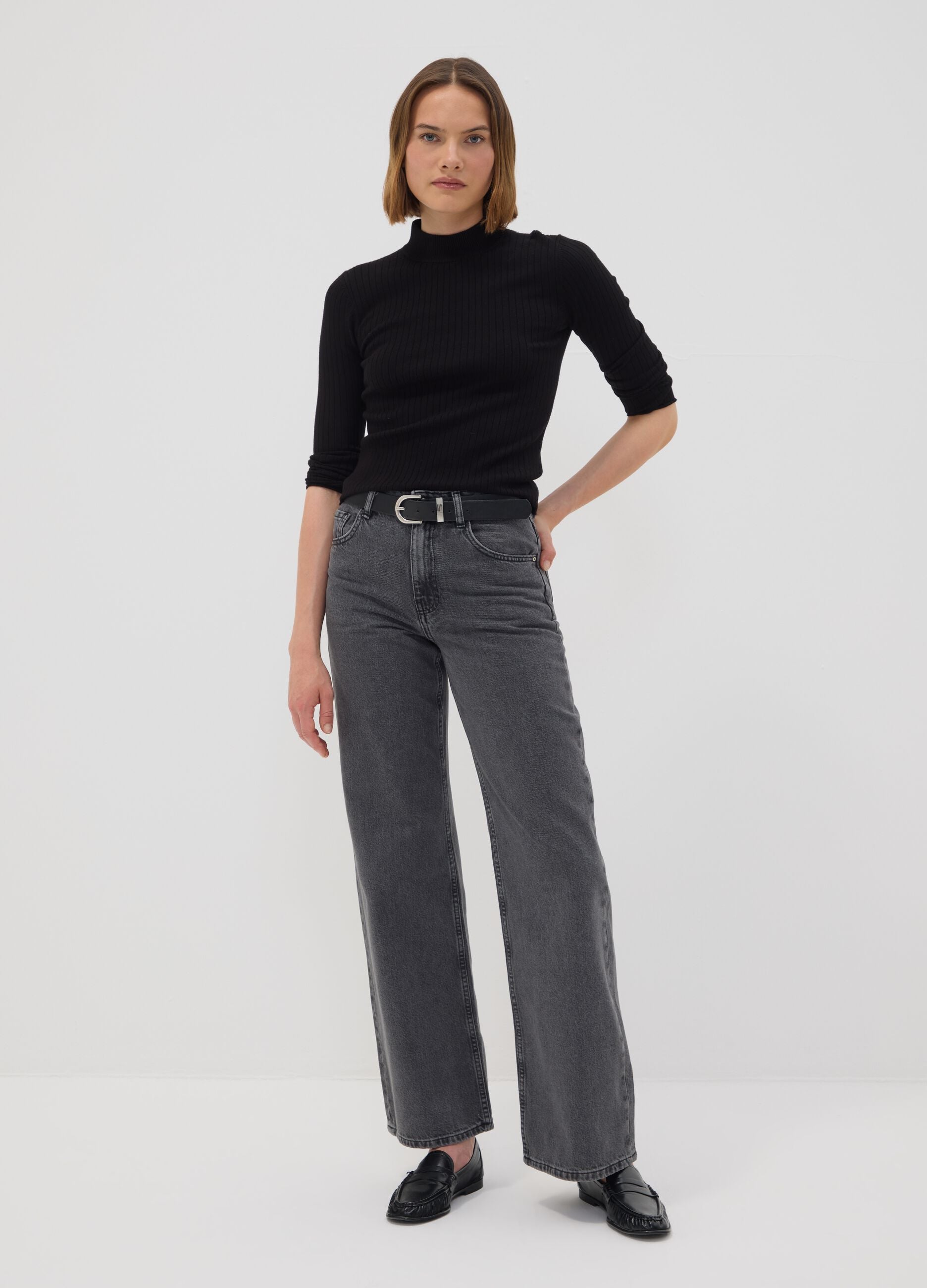 Grey pure cotton wide-leg high-waisted denim jeans