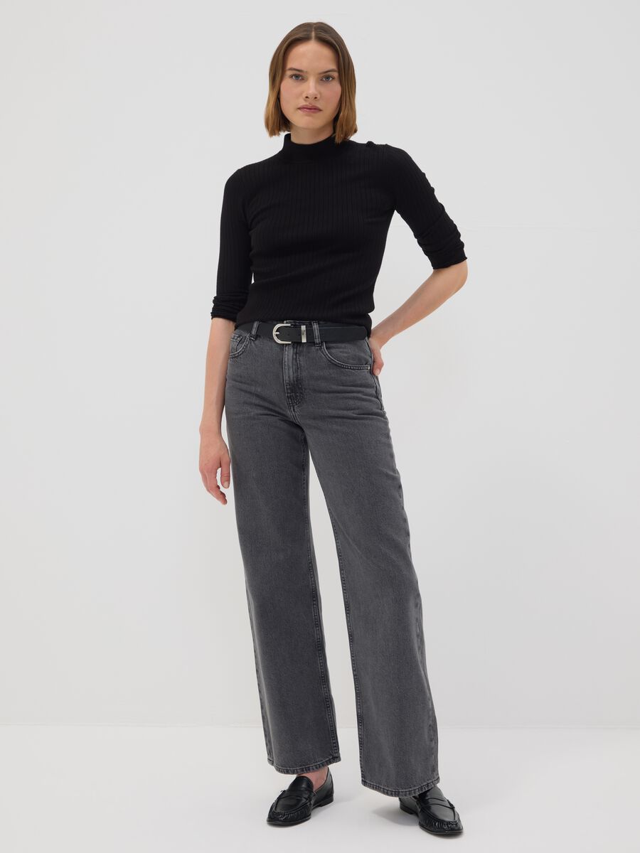 Grey pure cotton wide-leg high-waisted denim jeans_0