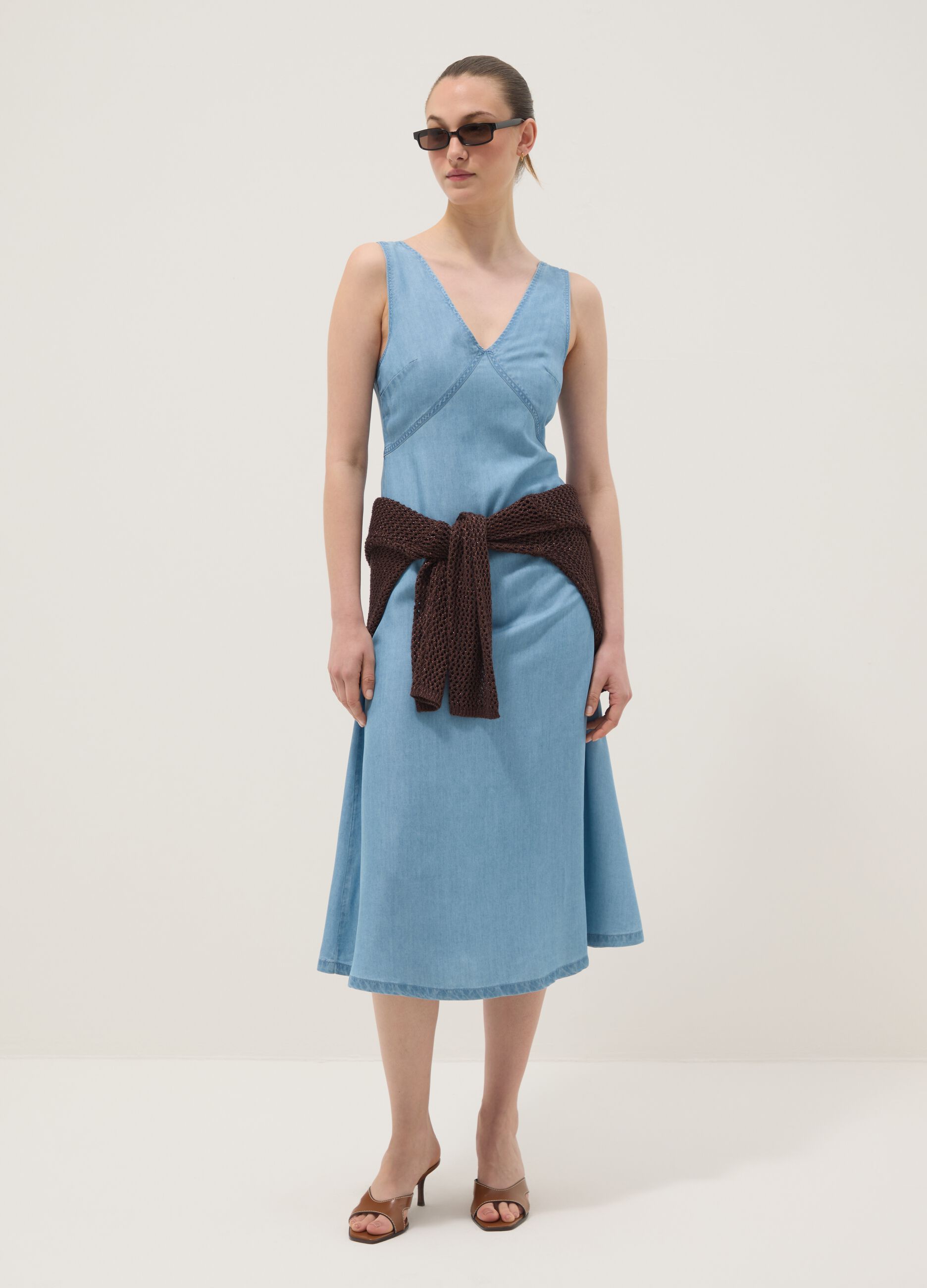 Light Blue Denim Midi Dress in 100% Lyocell, Sleeveless