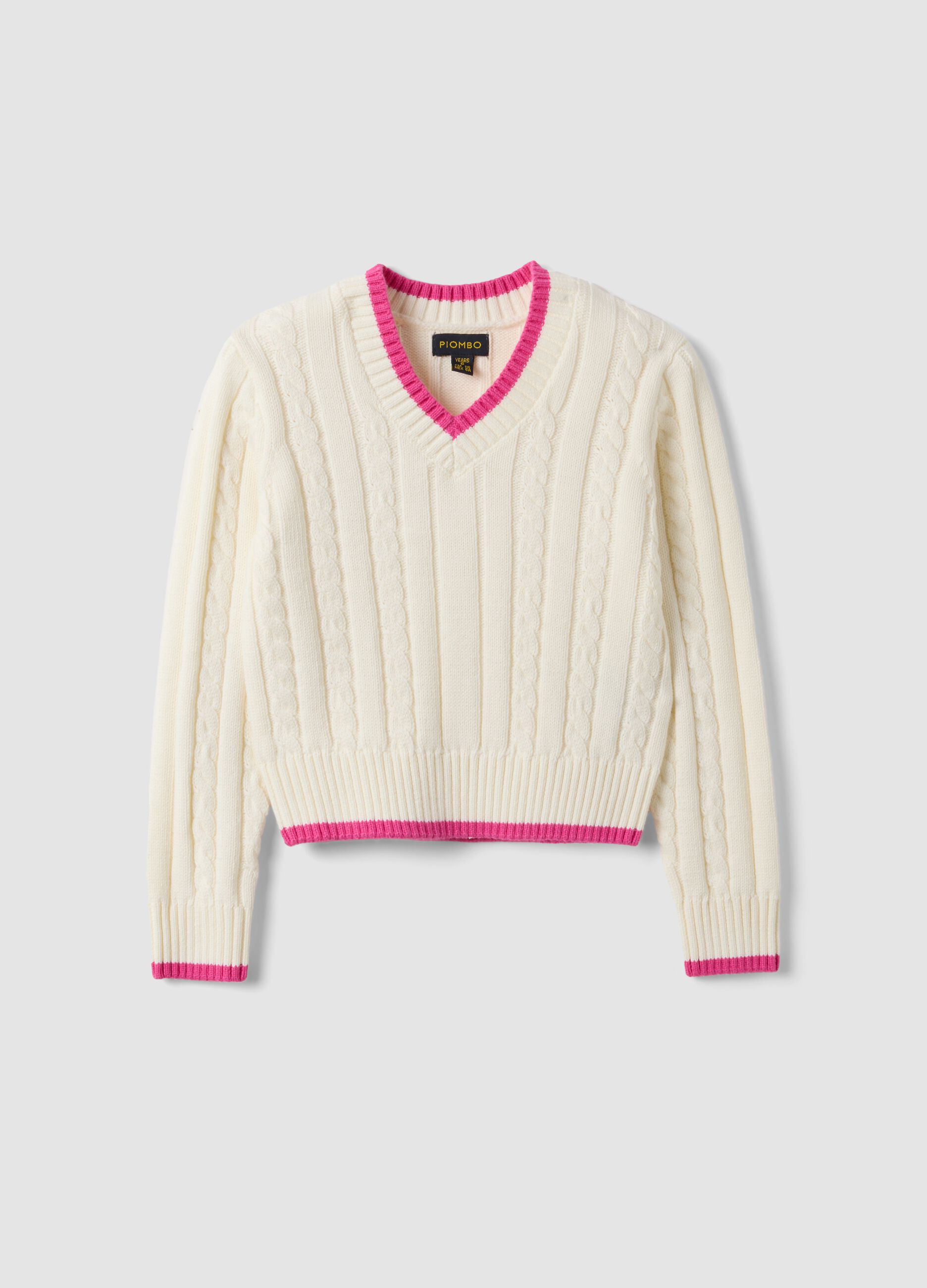 Maglia bianca in puro cotone a trecce con scollo a V per bambina