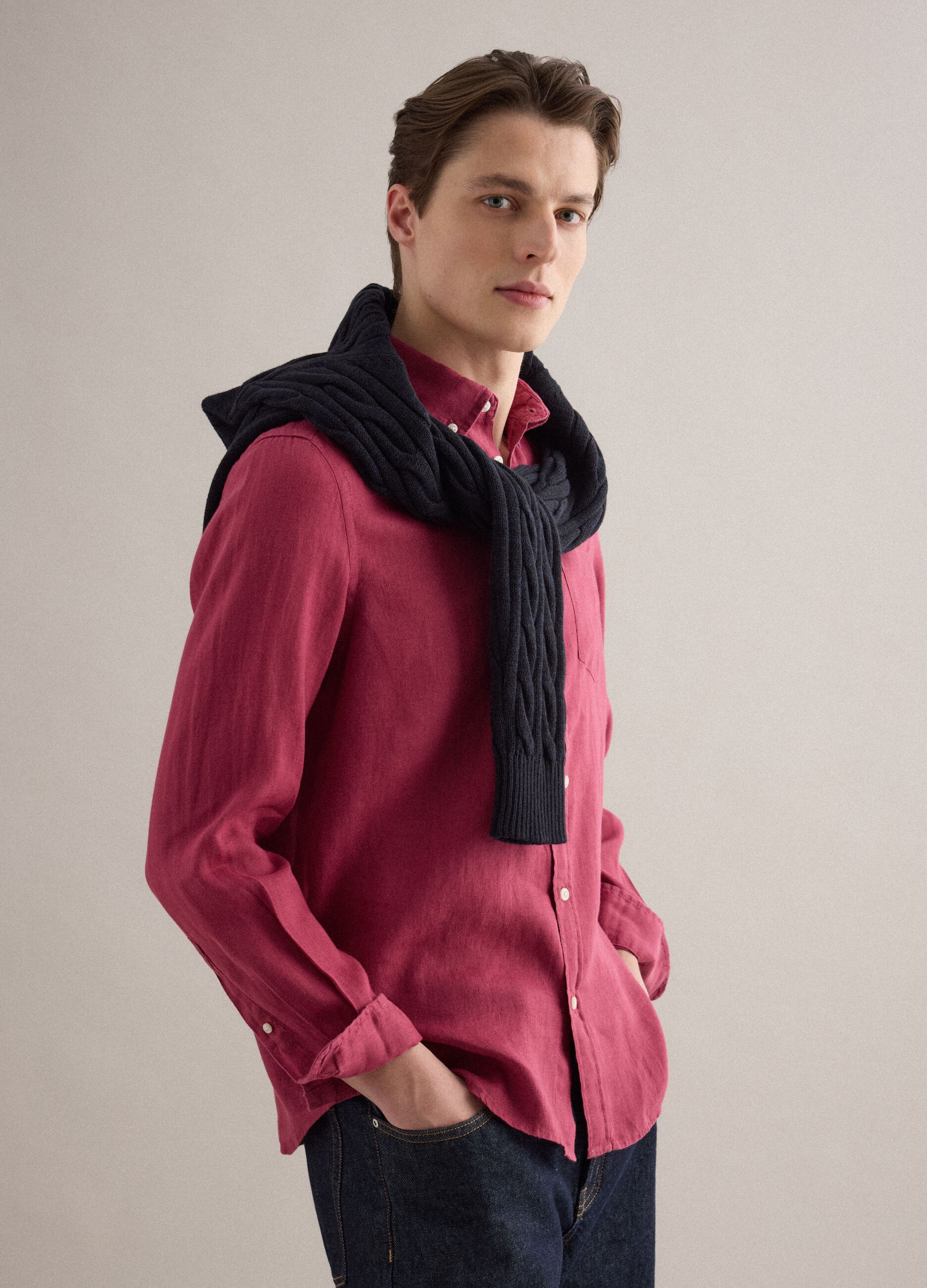 Red pure linen long-sleeve shirt regular fit