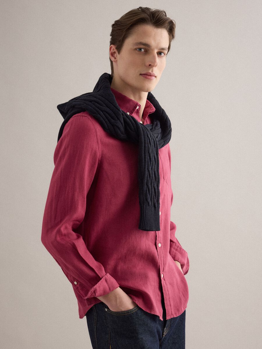 Camicia a maniche lunghe in puro lino rossa regular fit_0