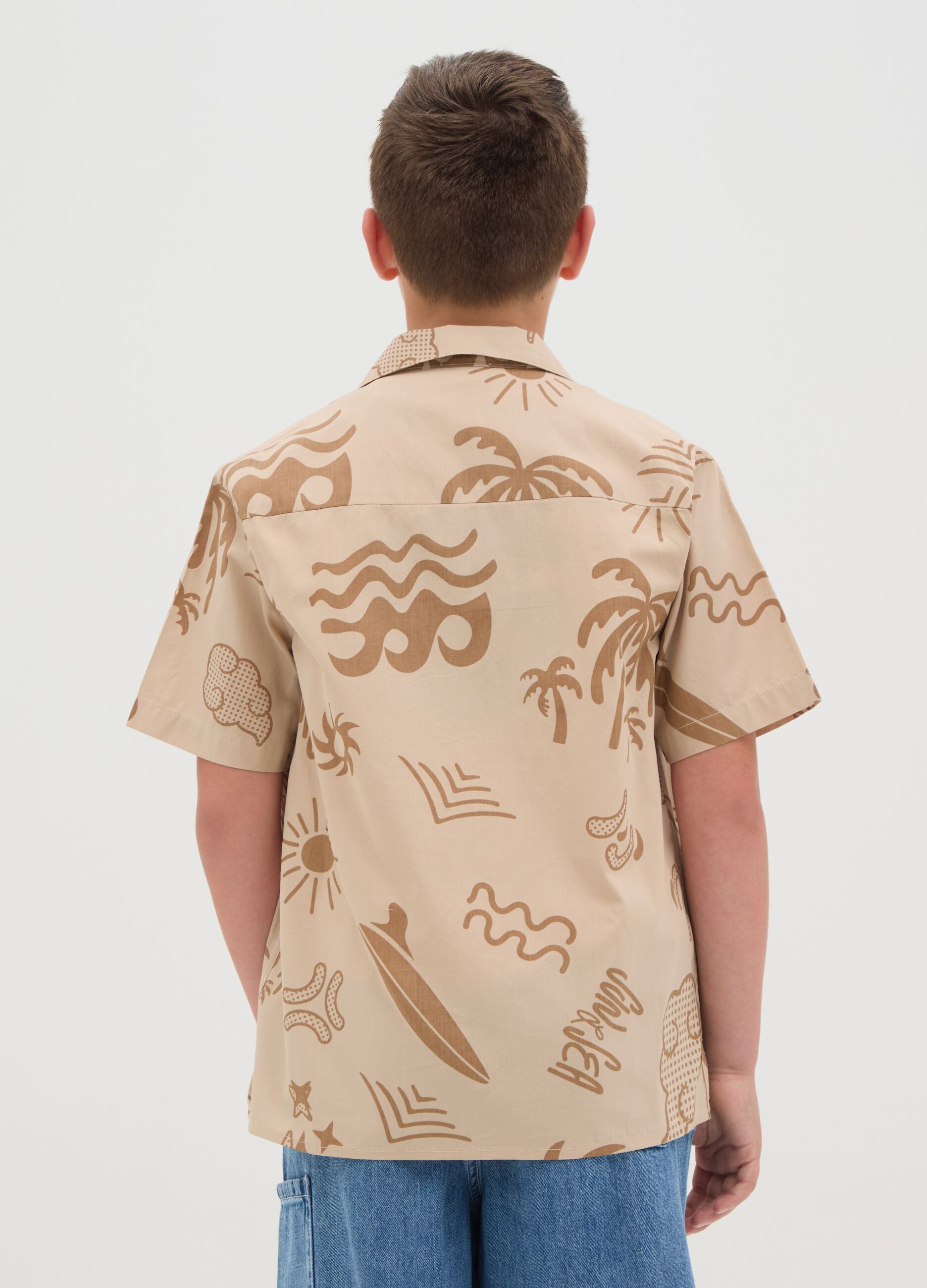 Boys' pure cotton beige oversized shirt with bowling collar