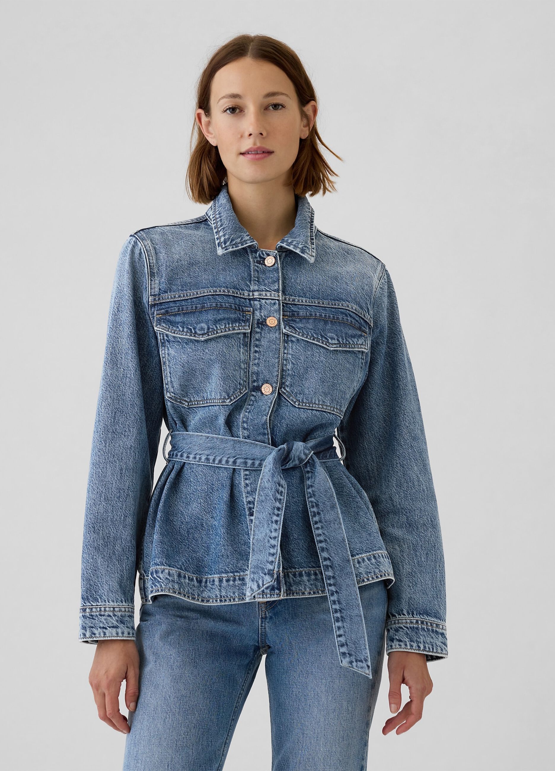Short denim jacket with belt