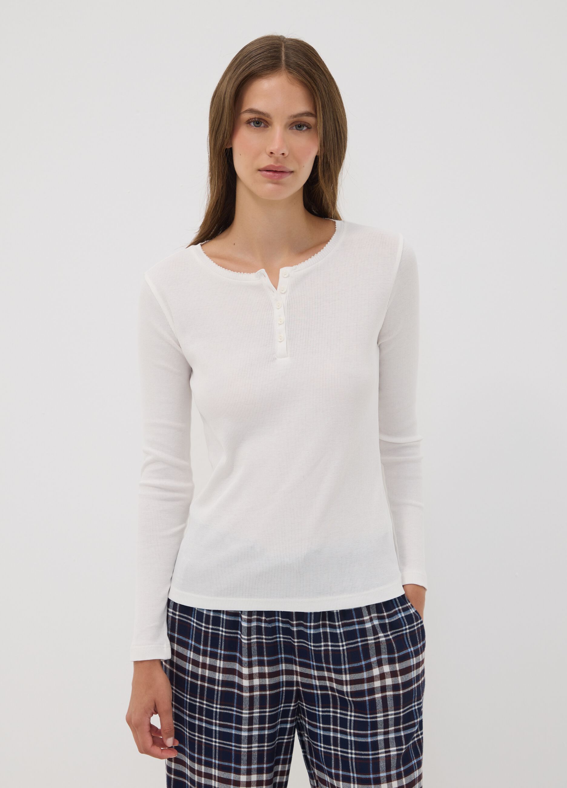 White organic cotton pyjama top with grandad collar