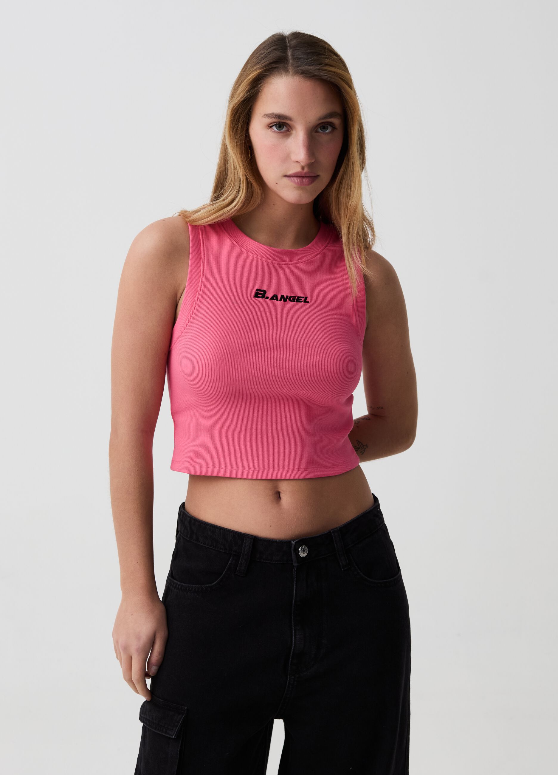 Ovs Tank top cropped a costine con ricamo B.ANGEL X MARE FUORI