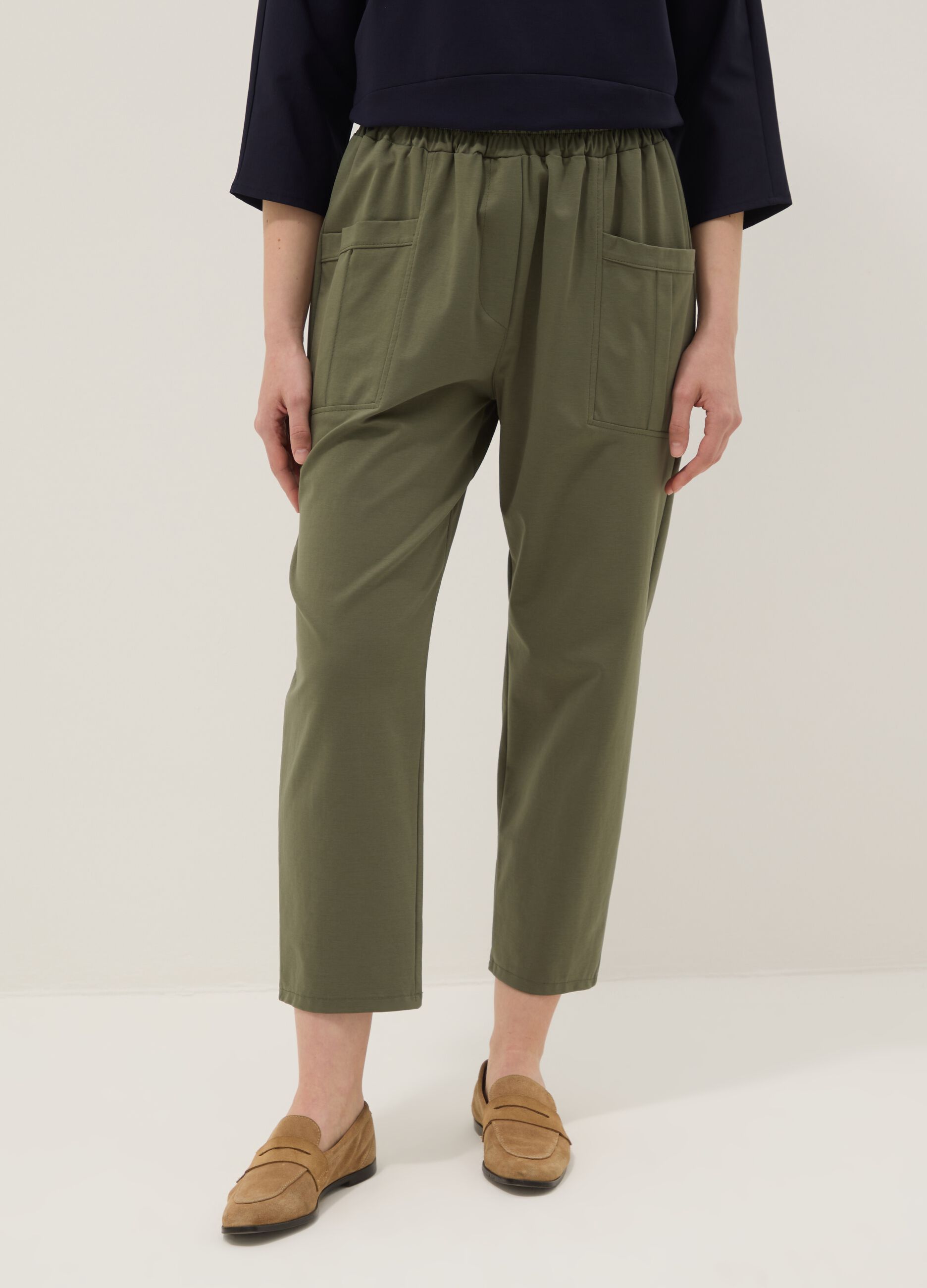 Green stretch-cotton trousers with elasticated waistband, regular fit