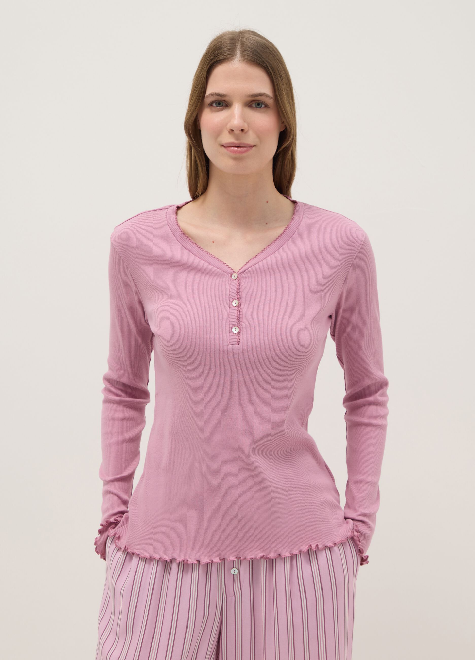 Pink pure cotton nightshirt regular fit with serafino collar