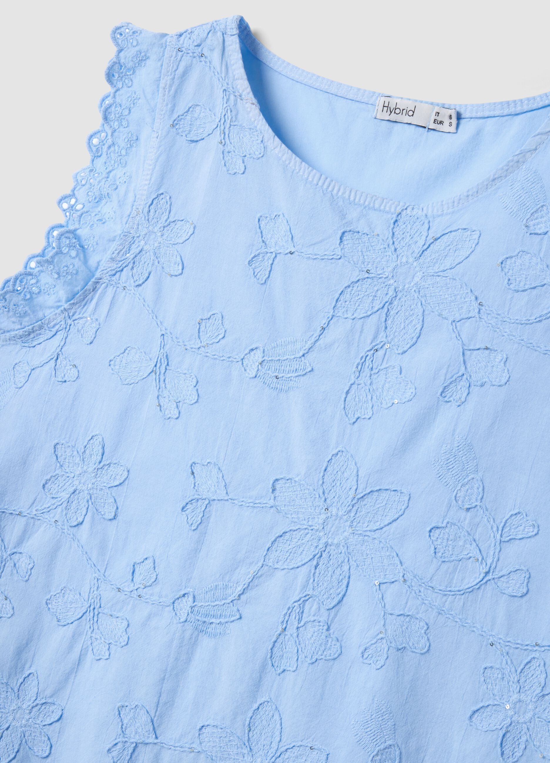 Sky-Blue Pure Cotton Blouse with Floral Embroidery, Regular Fit