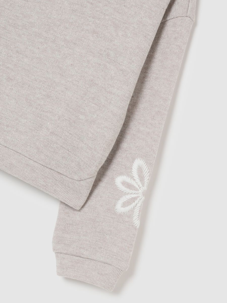 Beige Cotton Blend Regular Fit Sweatshirt with Embroidered Flowers for Girls_2