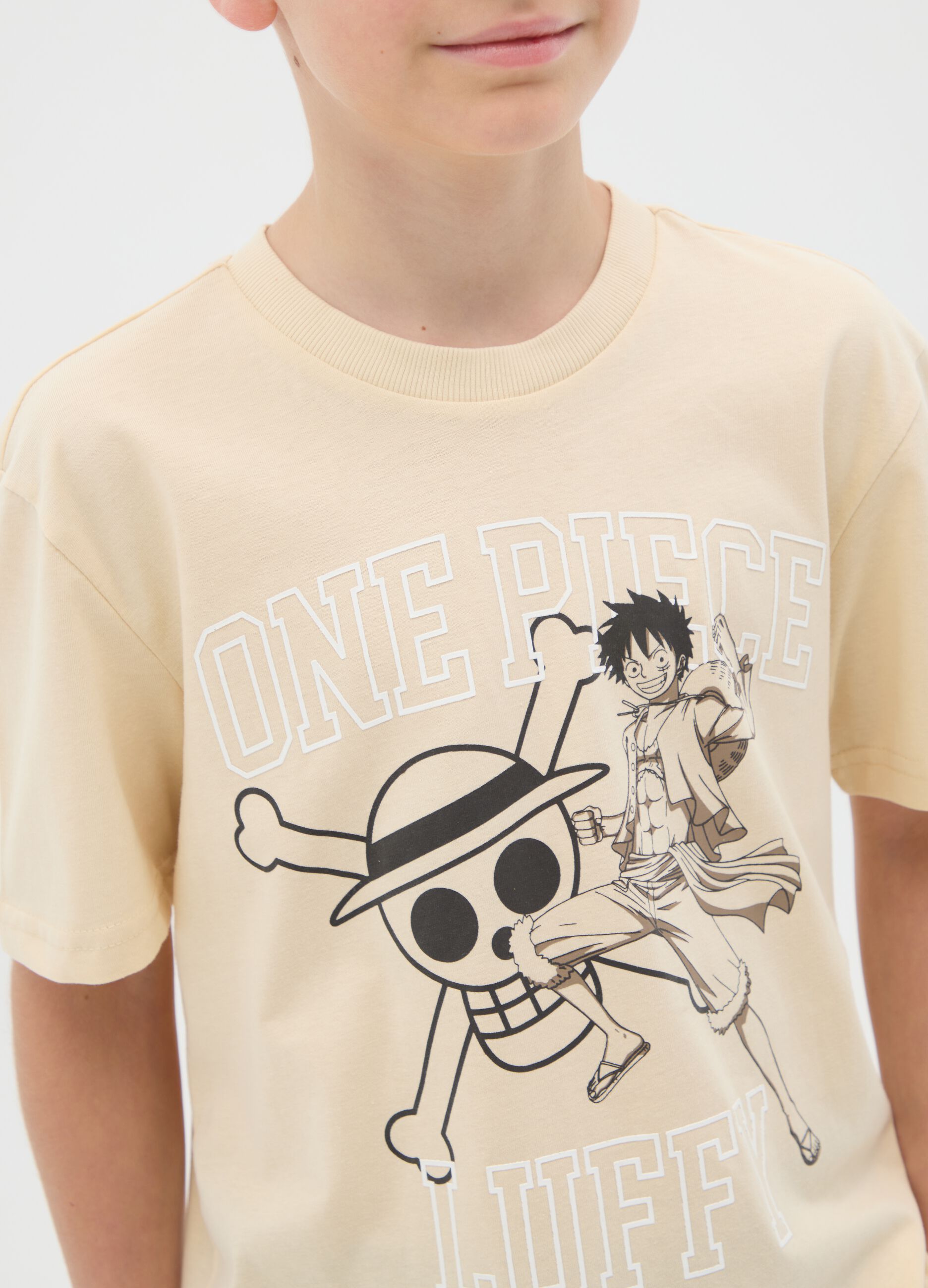 Beige pure cotton regular fit boys' T-shirt with One Piece print