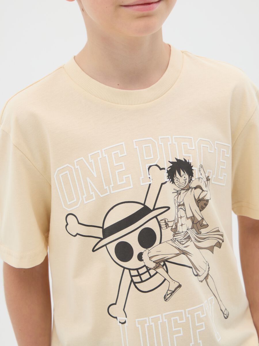 Beige pure cotton regular fit boys' T-shirt with One Piece print_1
