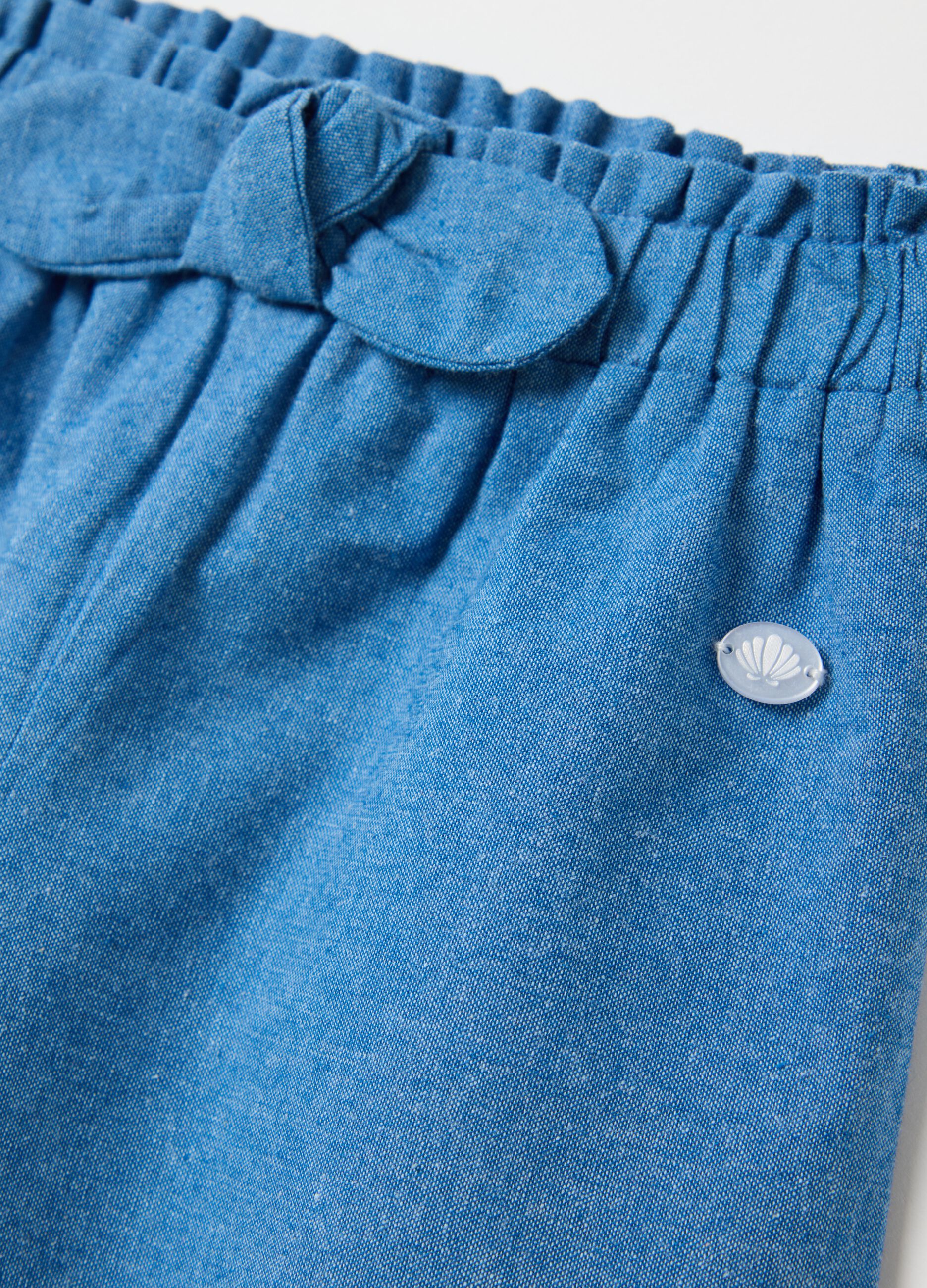 Wide-leg trousers in blue chambray with floral embroidery