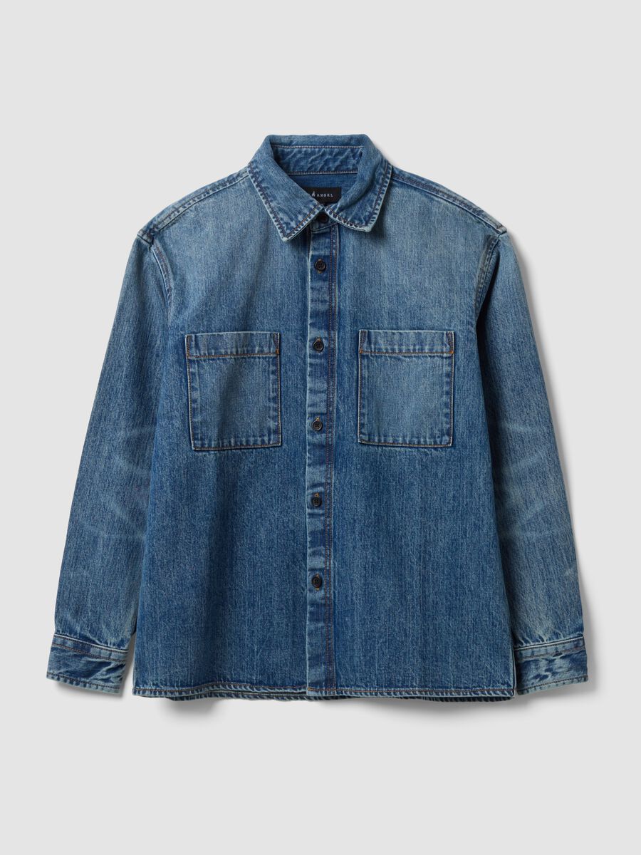 Camicia blu in denim in puro cotone regular fit_0