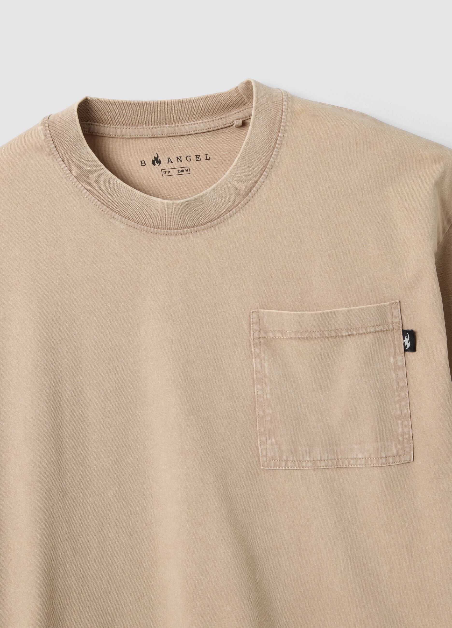 Beige pure cotton T-shirt with chest pocket, regular fit