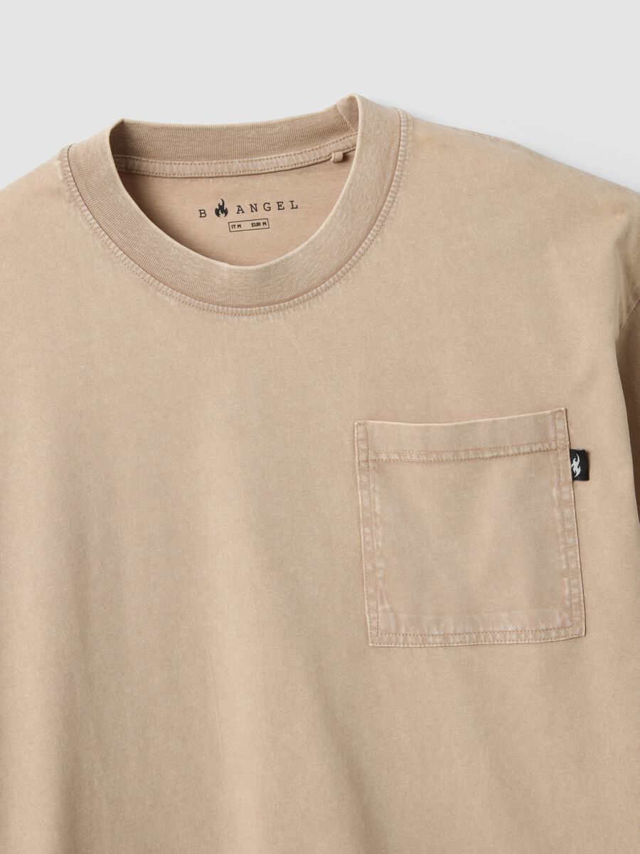 Beige pure cotton T-shirt with chest pocket, regular fit_1