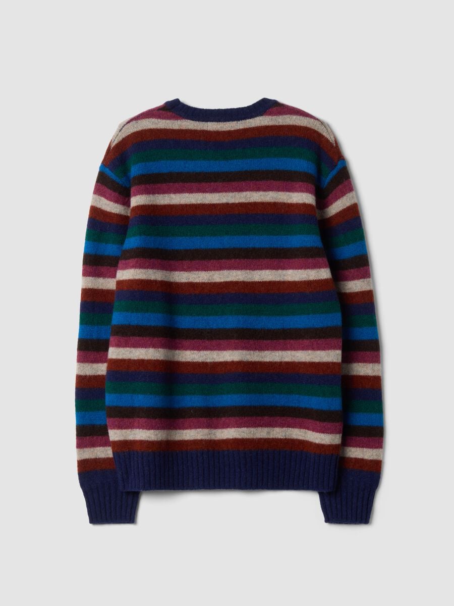 Maglione girocollo blu scuro a righe in pura lana_1