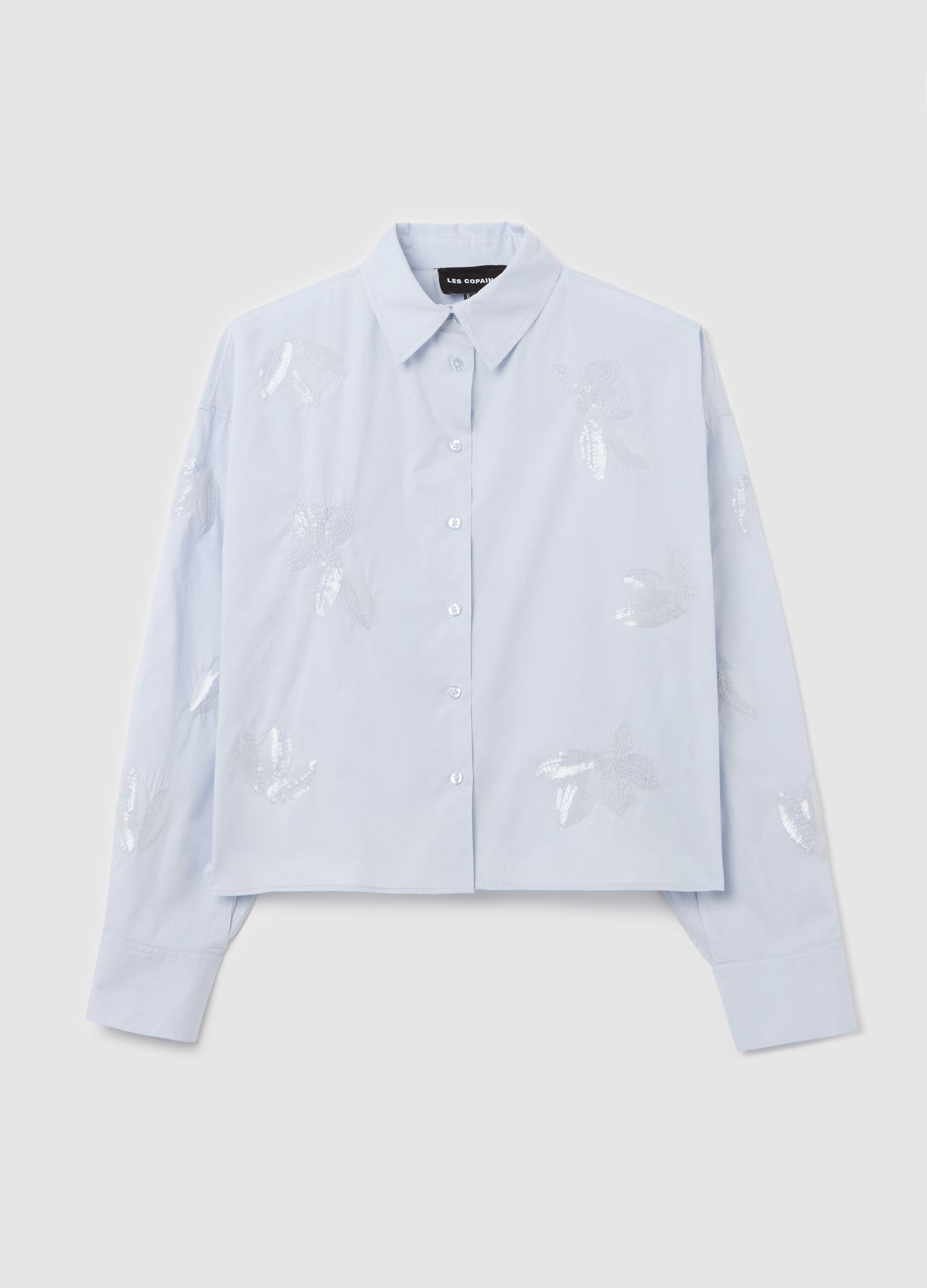 Light blue cropped shirt with floral embroidery