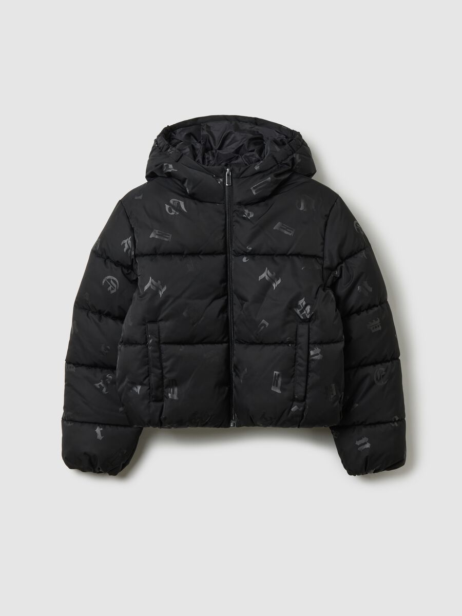 Black padded hooded jacket for girls_0